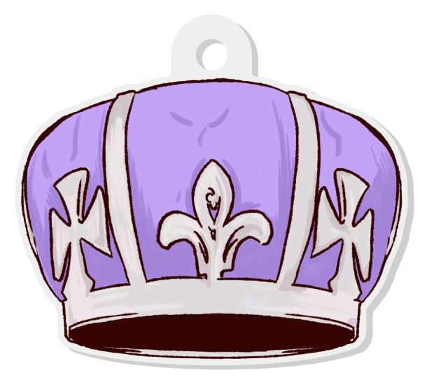 Cartoon purple crown with white and silver details featuring a fleur-de-lis symbol.