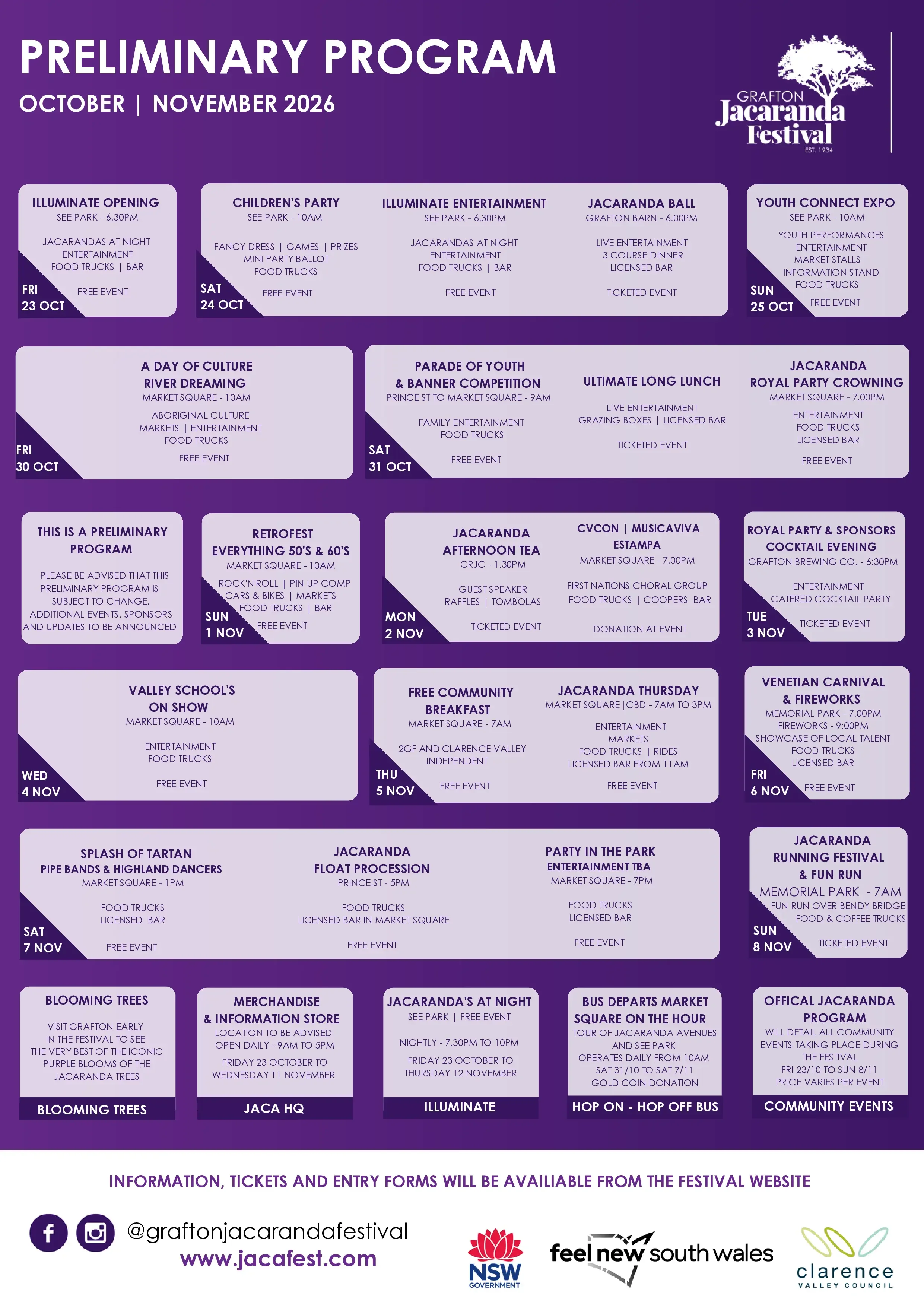 Poster detailing the Grafton Jacaranda Festival preliminary program from October to November 2026, including event schedules, descriptions, and locations with a purple background and white text.