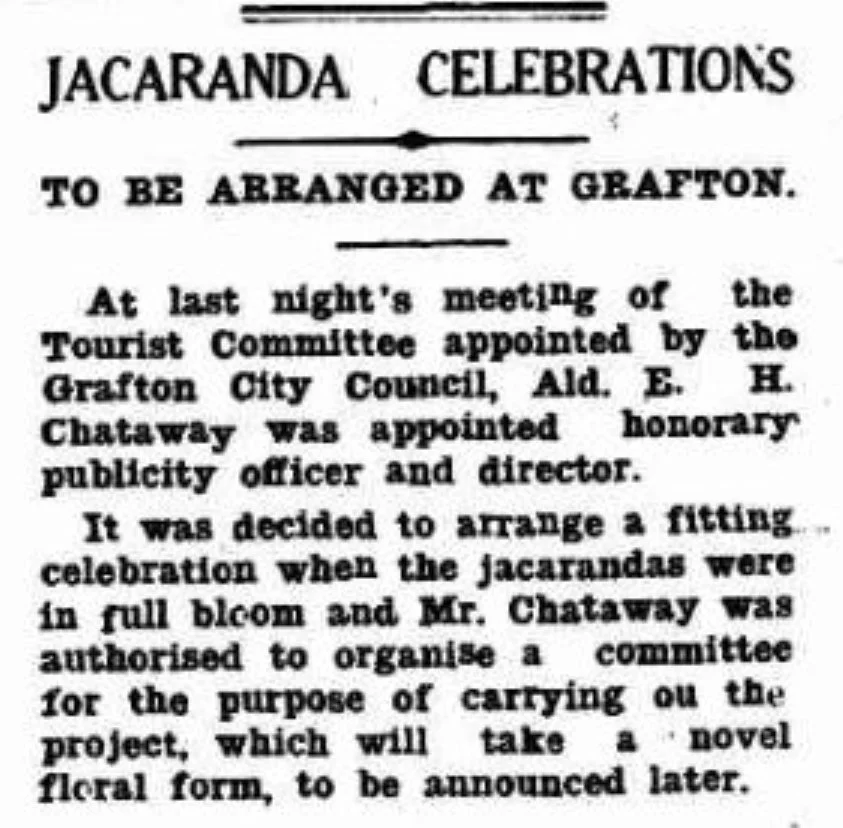 The first meeting with an idea to run a festival was on Wednesday night 28th August 1935. 
An initiative of the Grafton City Council Tourism Board. A committee of “civic minded gentlemen” was formed.