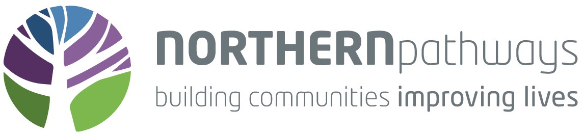 Northern Pathways logo featuring a stylized tree with purple, white, and blue branches and green leaves, alongside the words 'Northern Pathways building communities improving lives'