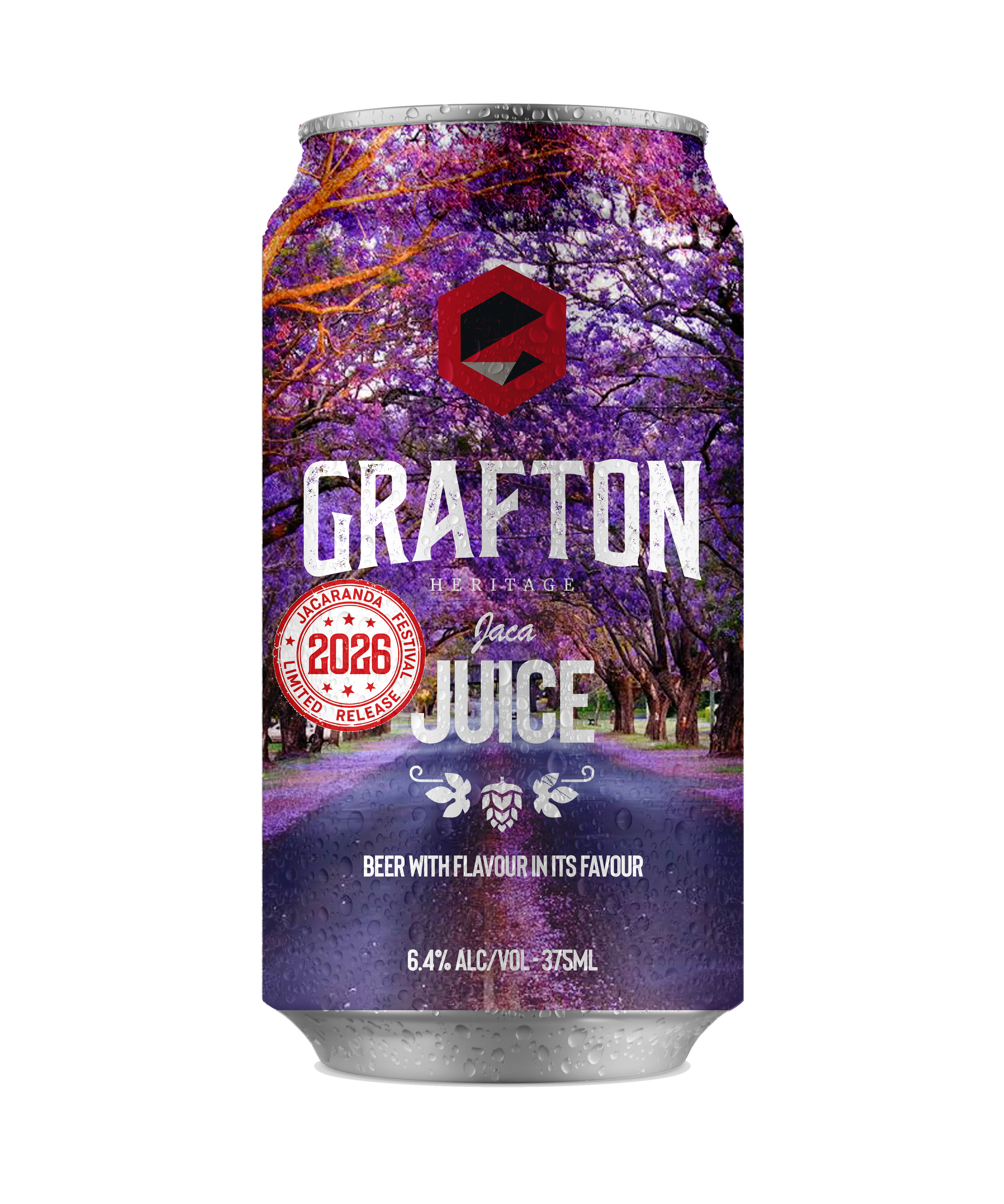 Canned juice with purple flower trees in the background, water droplets on the can, and text indicating it's a craft heritage juice with 6.4% alcohol, 375ml volume, and flavor details.