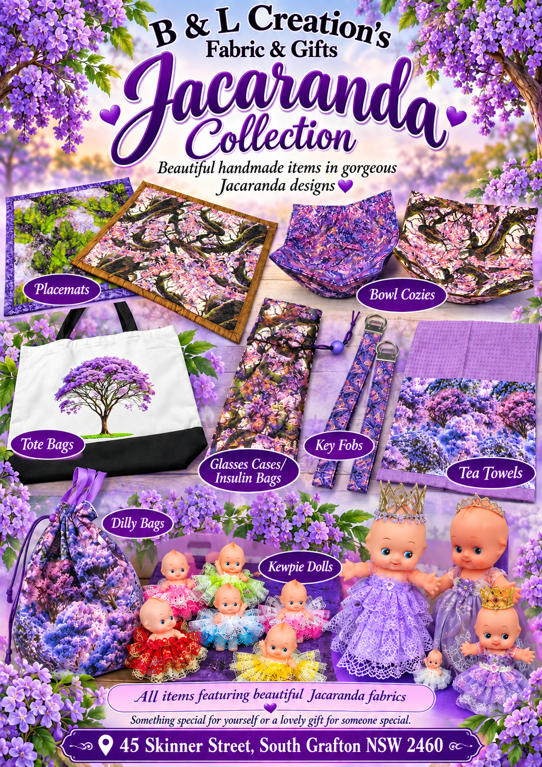 An advertisement for B & L Creation's Jacaranda Collection, featuring fabric and gifts with Jacaranda designs. Displays placemats, bowl cozies, tote bags, glasses cases, insulin bags, key fobs, tea towels, Dilly bags, and Kewpie dolls, all with Jacaranda patterns and purple flowers. Location: 45 Skinner Street, South Grafton NSW 2460.