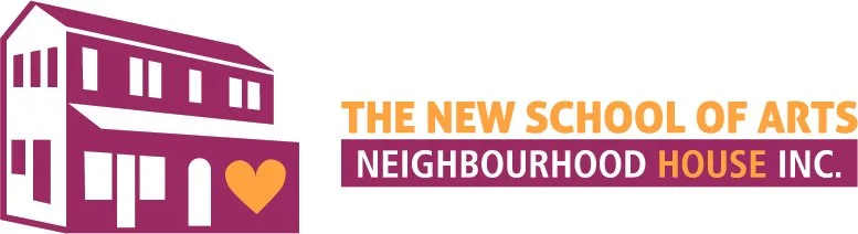 Logo for The New School of Arts, Neighbourhood House Inc., featuring a stylized purple building with a heart symbol.