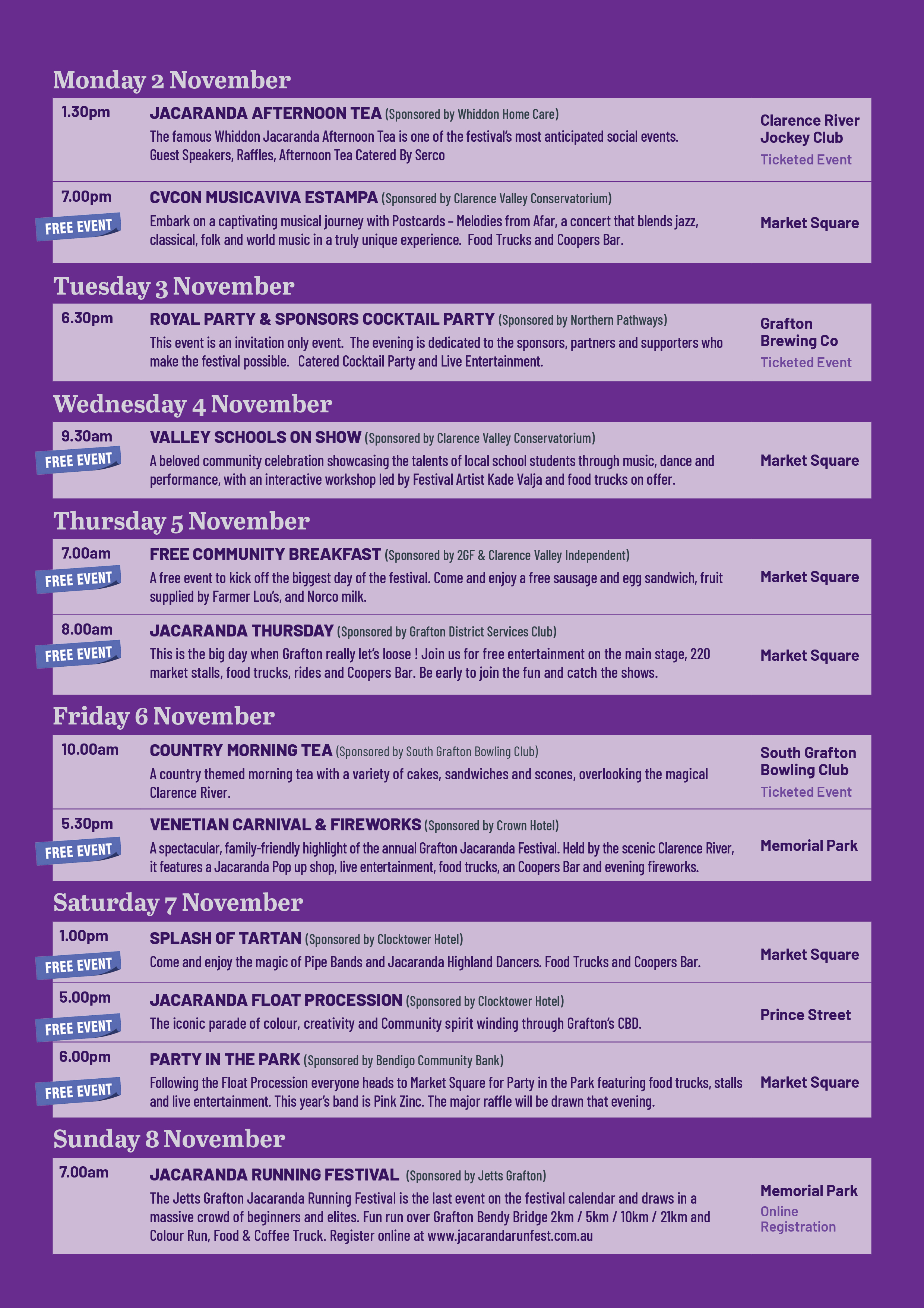 A schedule of events for a festival, listing dates, times, event titles, descriptions, sponsorship information, and locations, with some events marked as free.