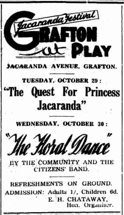 Advertisement for the first festival. Mr Chataway was inspired by the song “The Floral Dance”. He had visions of locals spontaneously breaking into dance up and down Jacaranda Avenue. At first locals were a little shy to show off their dance steps. W
