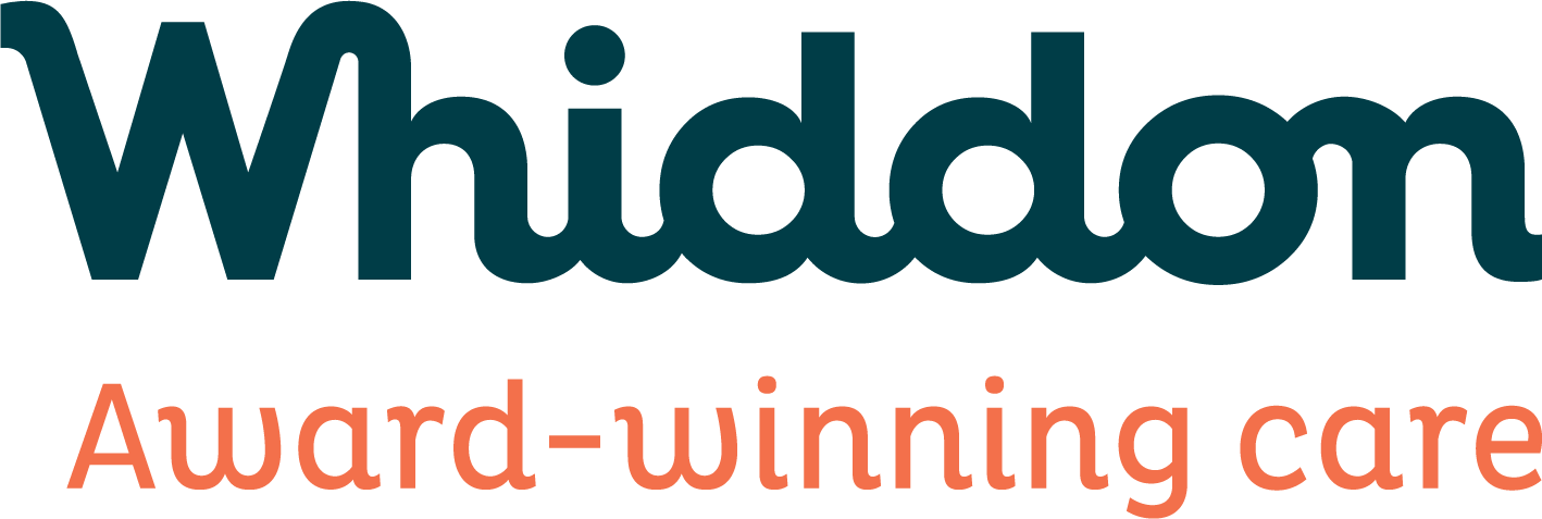 Logo of Whiddon, an award-winning care organization, with the words "Whiddon" in large blue letters and "Award-winning care" in smaller orange letters below.
