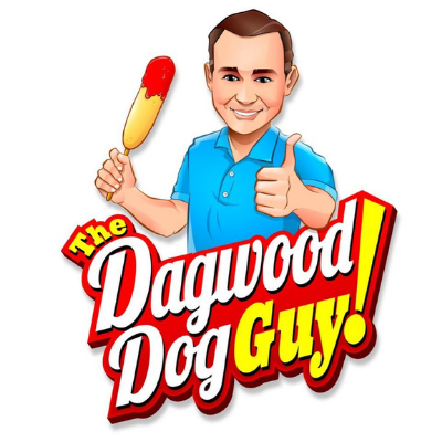 Cartoon man holding a red and yellow popsicle giving a thumbs up, with the text 'the Dagwood Dog Guy!' in bold red, yellow, and white letters.