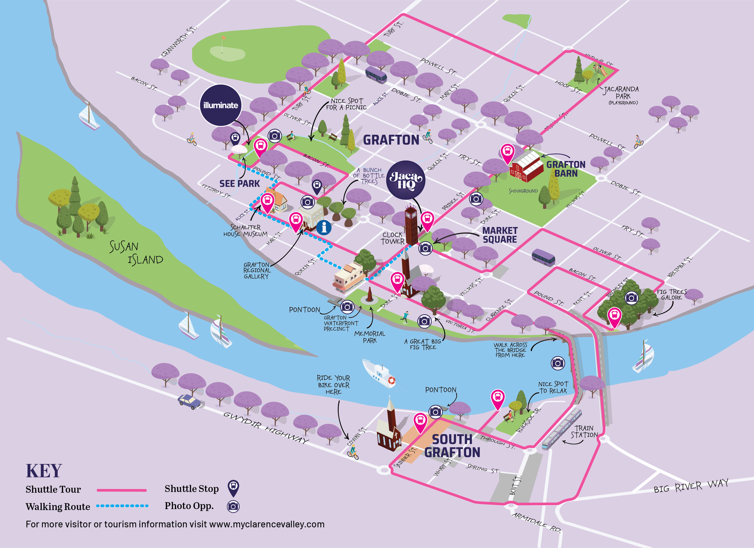 Map of Grafton, featuring parks, museums, streets, and a river, with icons indicating shuttle stops, walking routes, and photo opportunities.