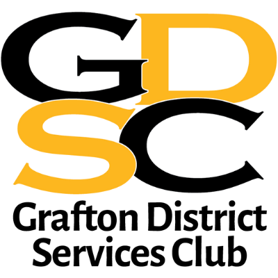 Grafton District Services Club logo with large intertwined G, D, S, and C letters in black and gold.