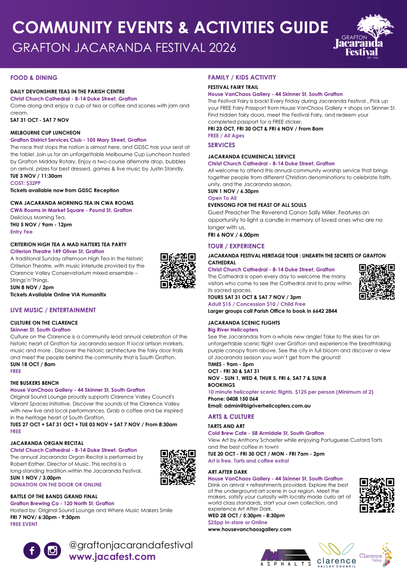 Schedule of community events and activities for the Grafton Jacaranda Festival 2026, including food, family activities, arts, and culture, with dates, locations, and descriptions