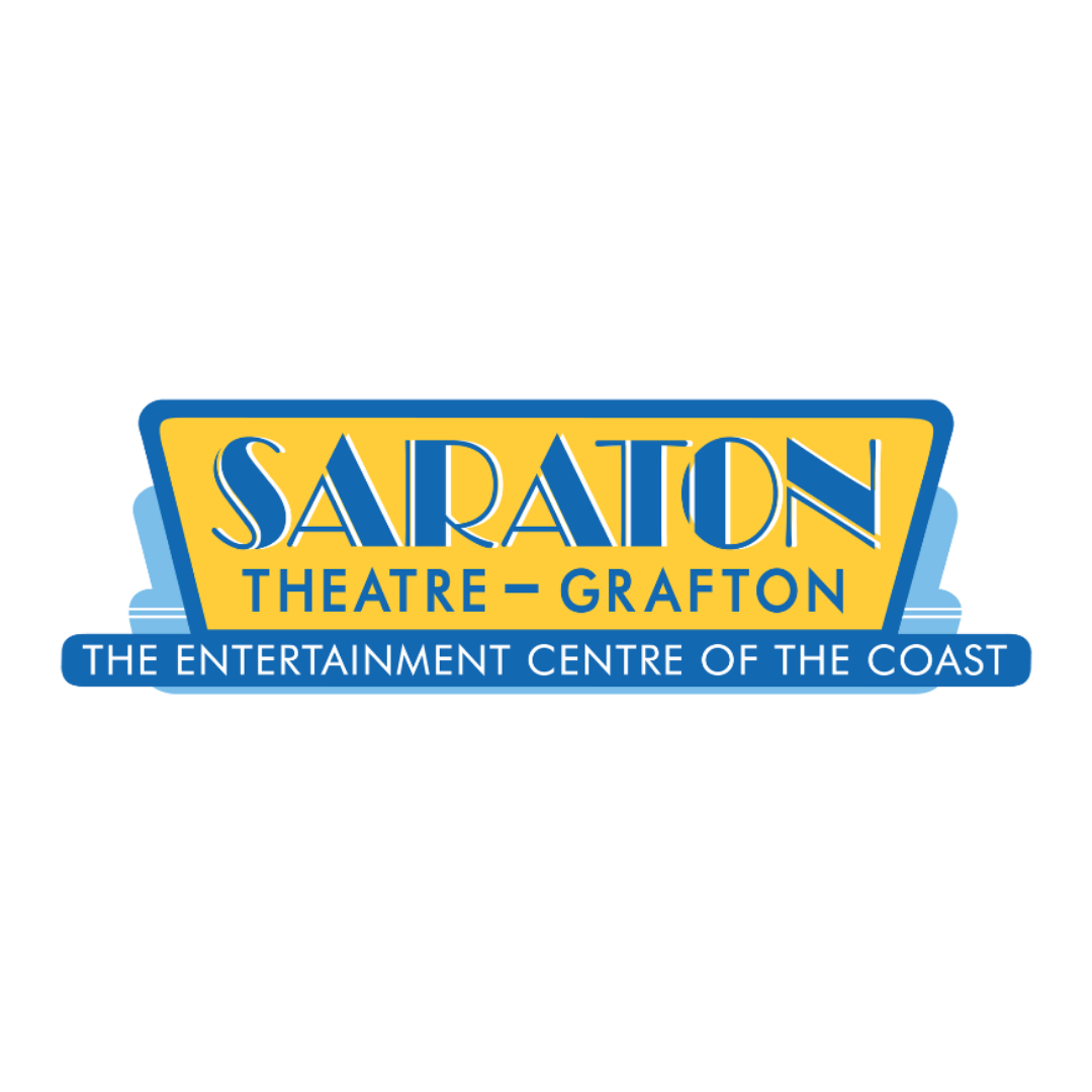 Logo for Saratton Theatre - Grafton, with the tagline 'The Entertainment Centre of the Coast' in blue and yellow colors.