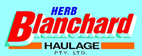 Herb Blanchard Haulage logo with red, blue, and orange text on a light background