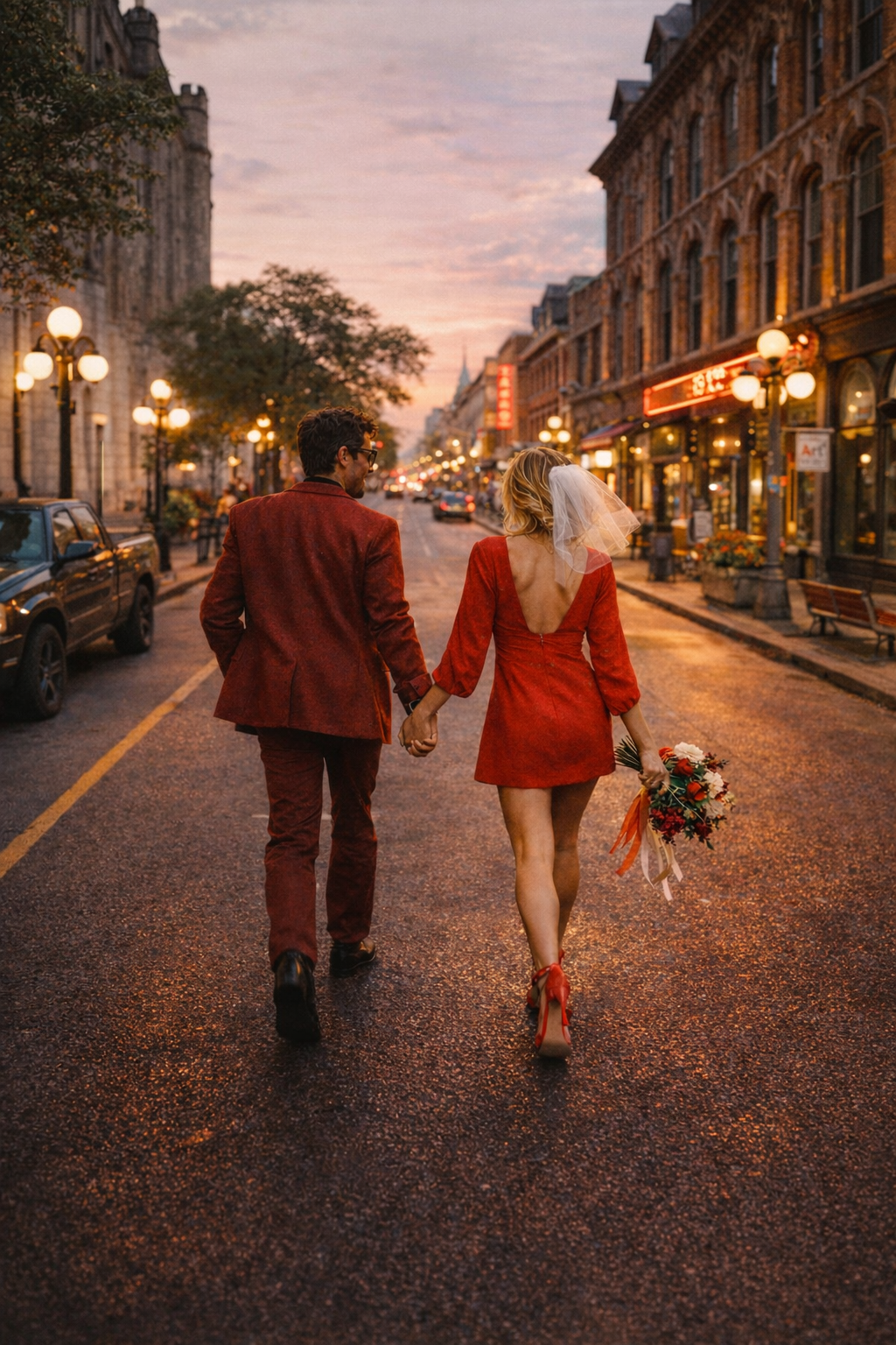 A couple dressed in red walking hand in hand down a city street in the evening, with the woman holding a bouquet of flowers and wearing a veil, after an eloped wedding.