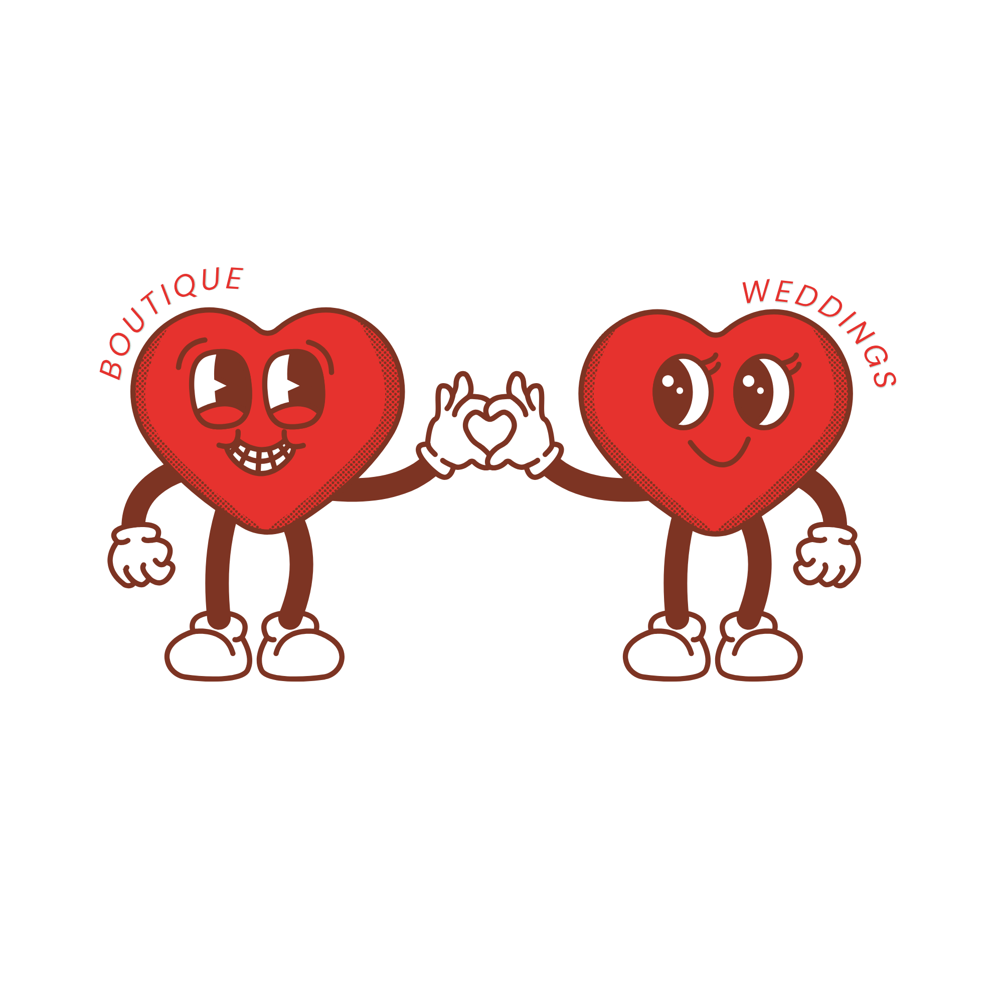 Two anthropomorphic heart characters holding hands, with one smiling and the other with a big goofy grin, surrounded by text reading 'Boutique WEDDING' in a playful font.
