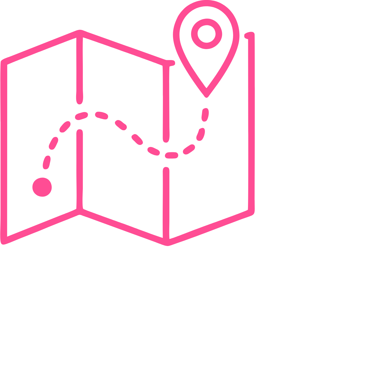 Pink line drawing of a folded map with a location pin marker and a dotted route path.