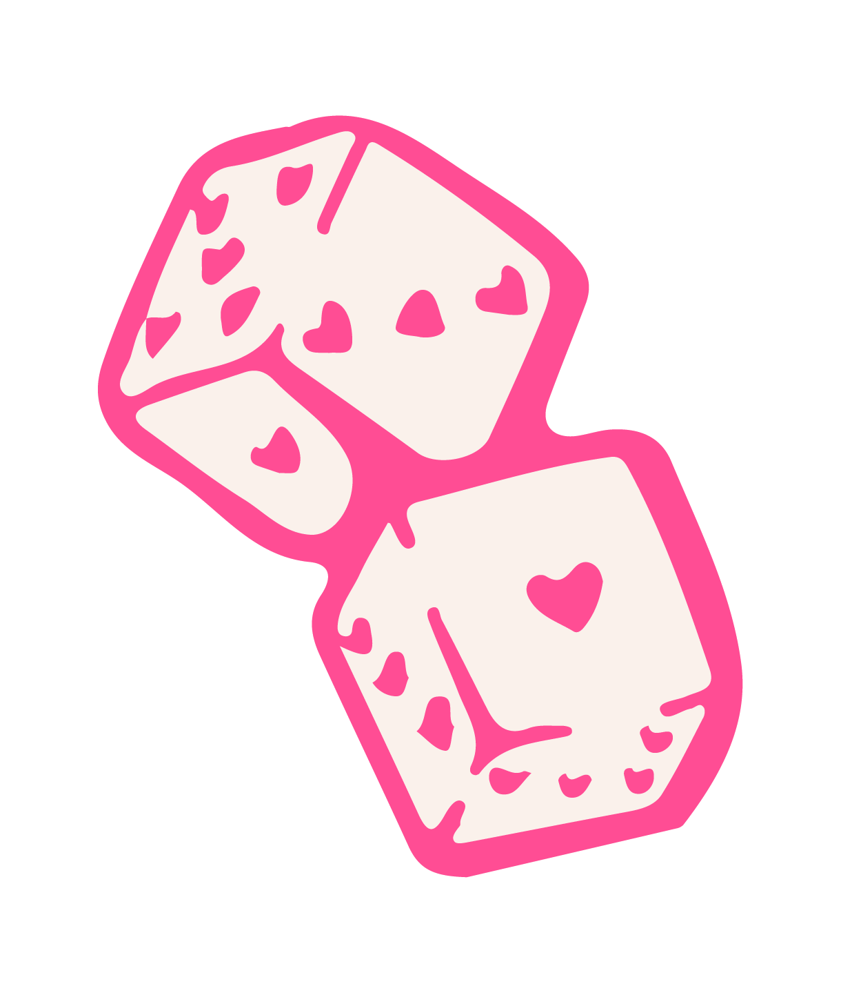 Two stylized white dice with pink outlines and pink heart shapes on each face, positioned close together.