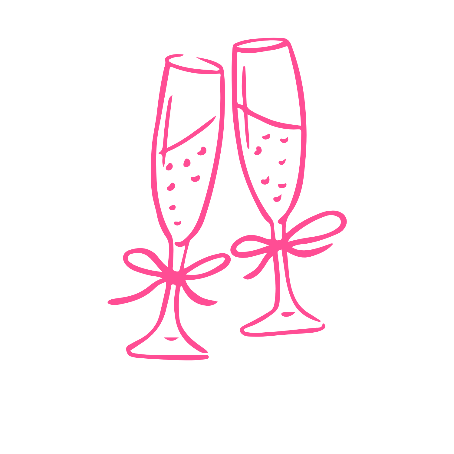 Neon pink outline of two champagne glasses clinking with bows at their bases on a black background.