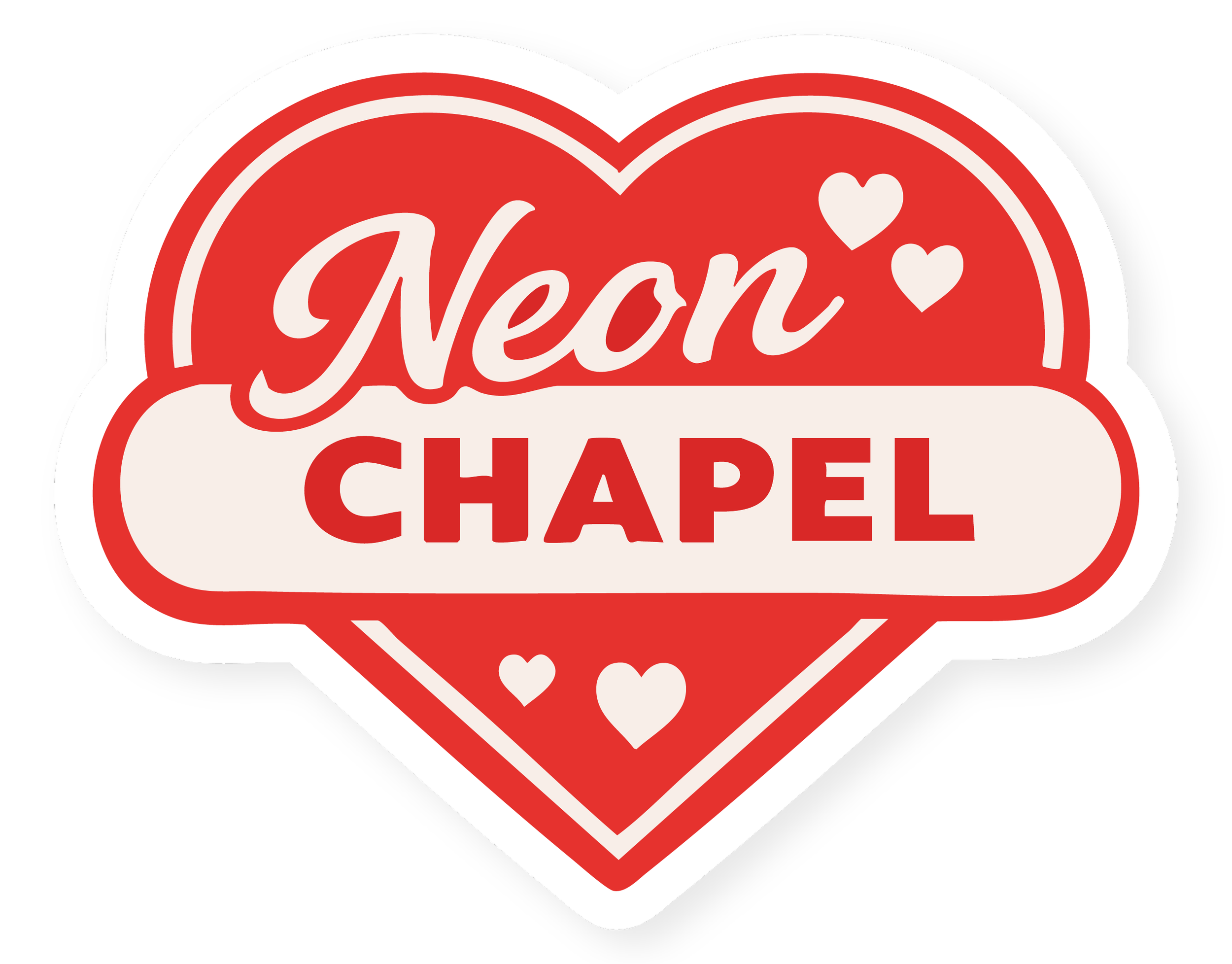 Red and white heart-shaped sign with the words "Neon Chapel" and small hearts.