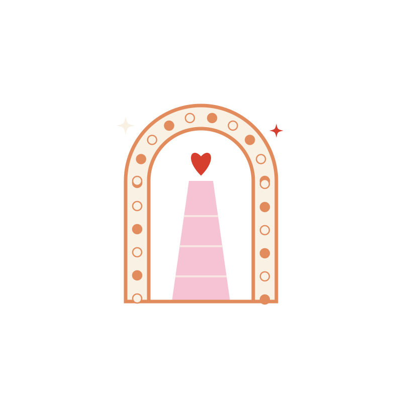 A stylized pink tower with a red heart on top, framed by an illuminated arch with round lights, against a black background with small star-like sparkles.