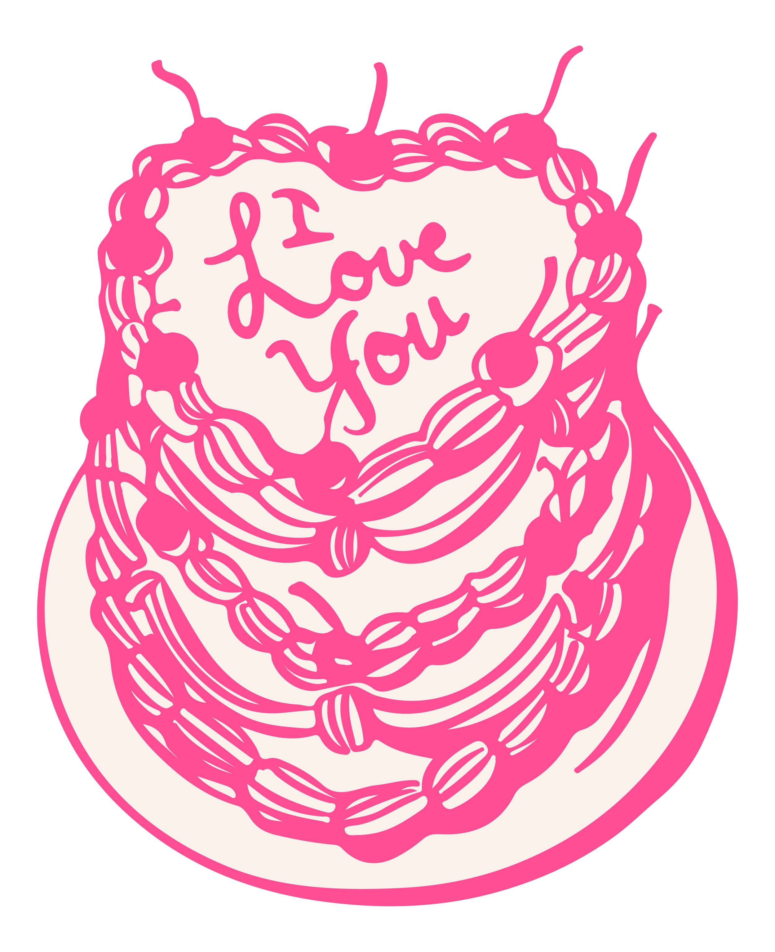 Pink cherry blossom wreath with the words "I Love You" in the center, on a white background.