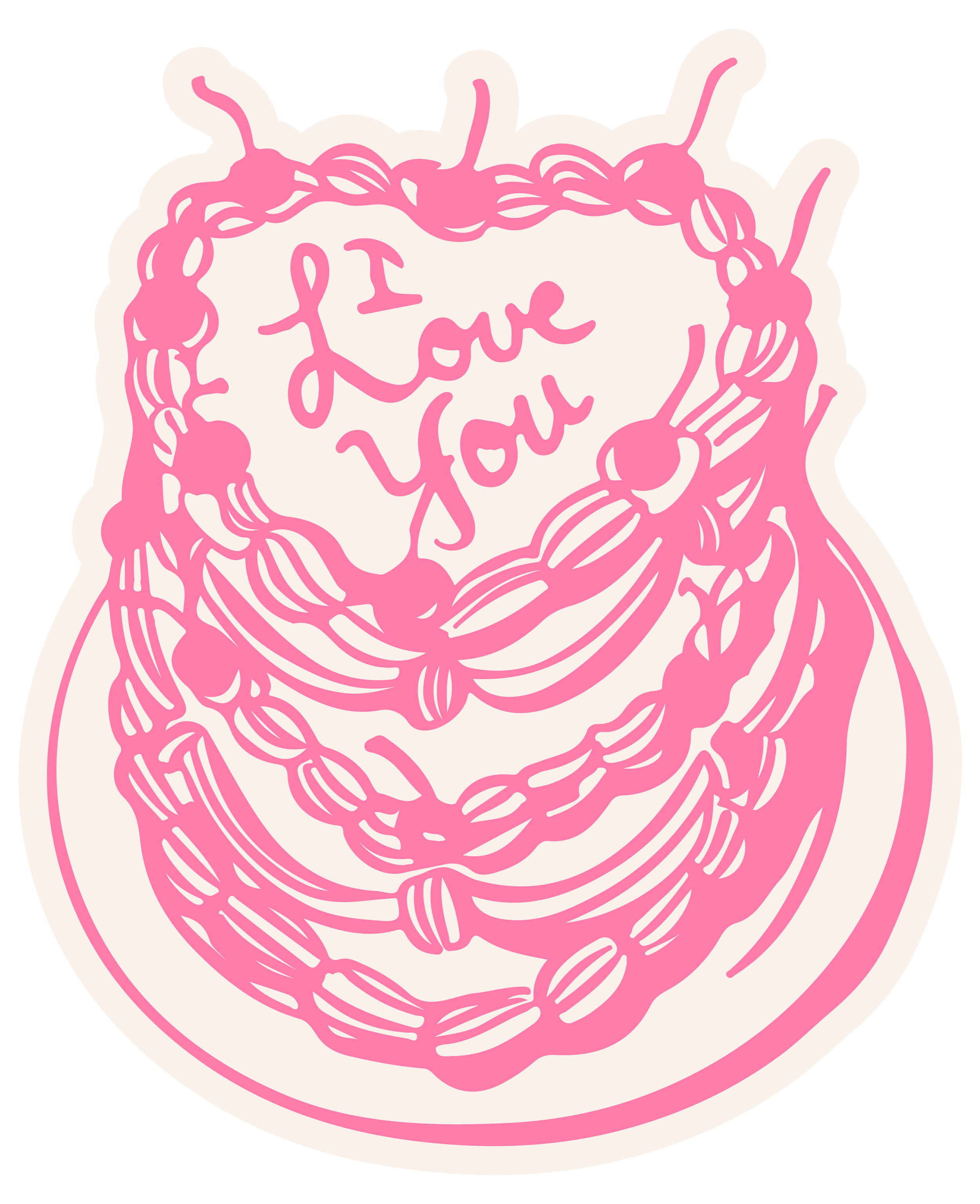 A pink and white graphic with the words "I Love You" written in the center, surrounded by a decorative circular floral pattern.