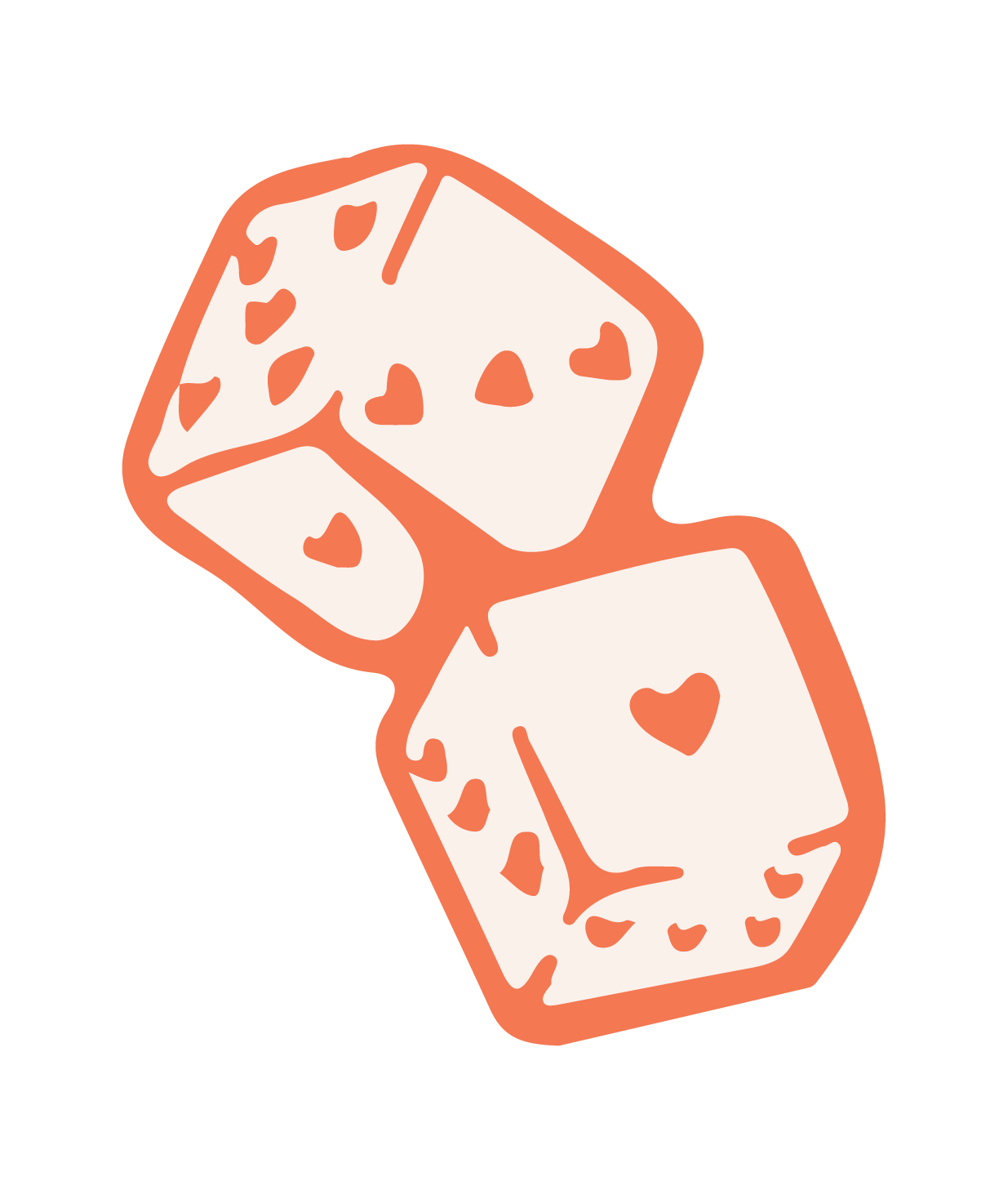 Illustration of three ice cubes with small heart shapes on them, outlined in orange and filled with light beige color.