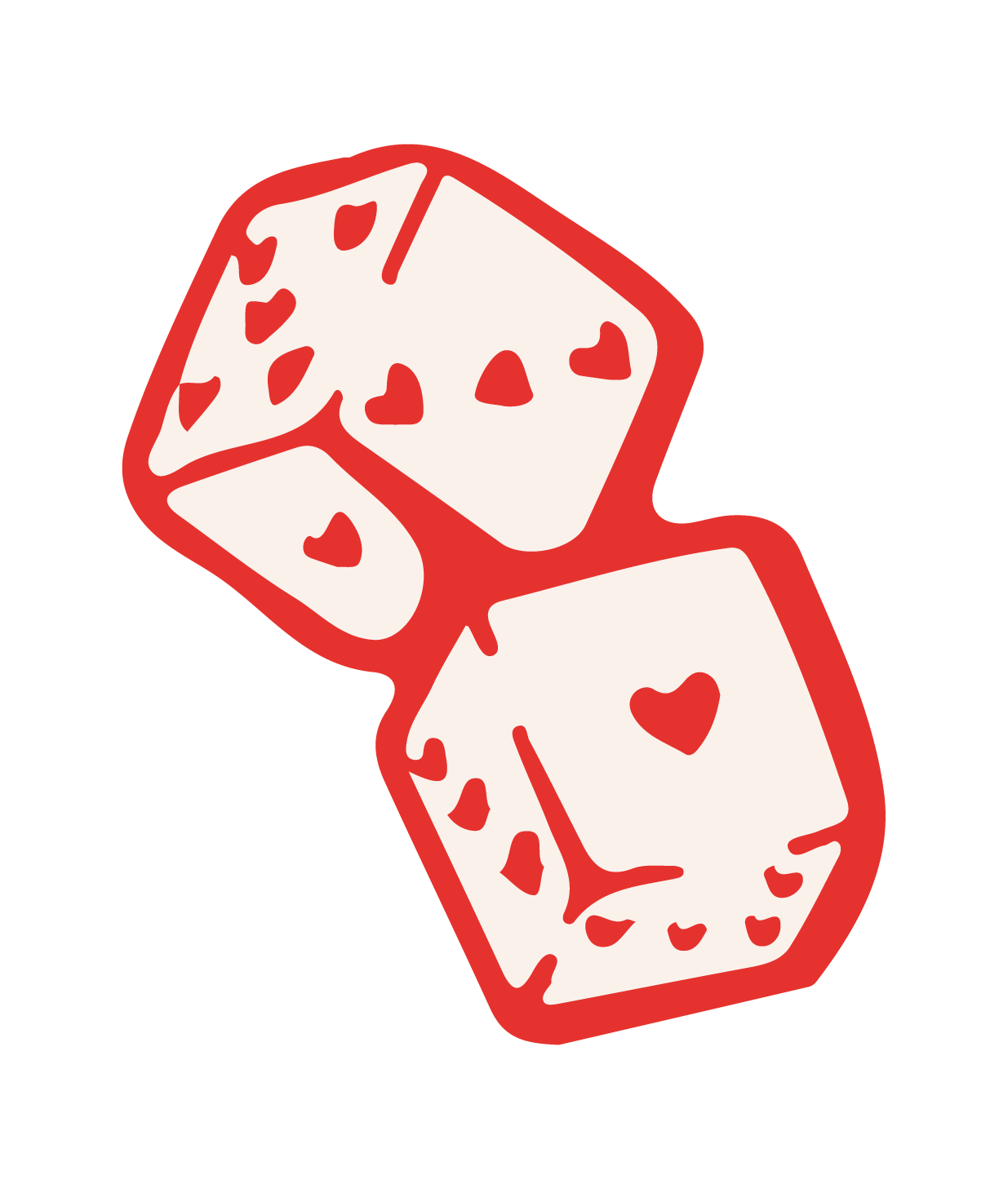 An illustration of two dice, each with a heart symbol on the faces, outlined in red with a white fill.