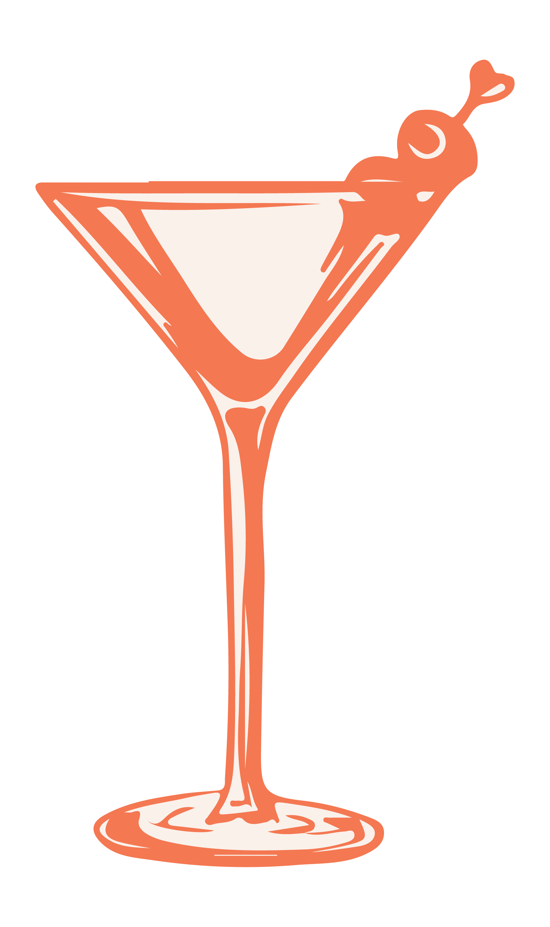 Illustration of a martini glass filled with a drink, garnished with an olive on a toothpick.