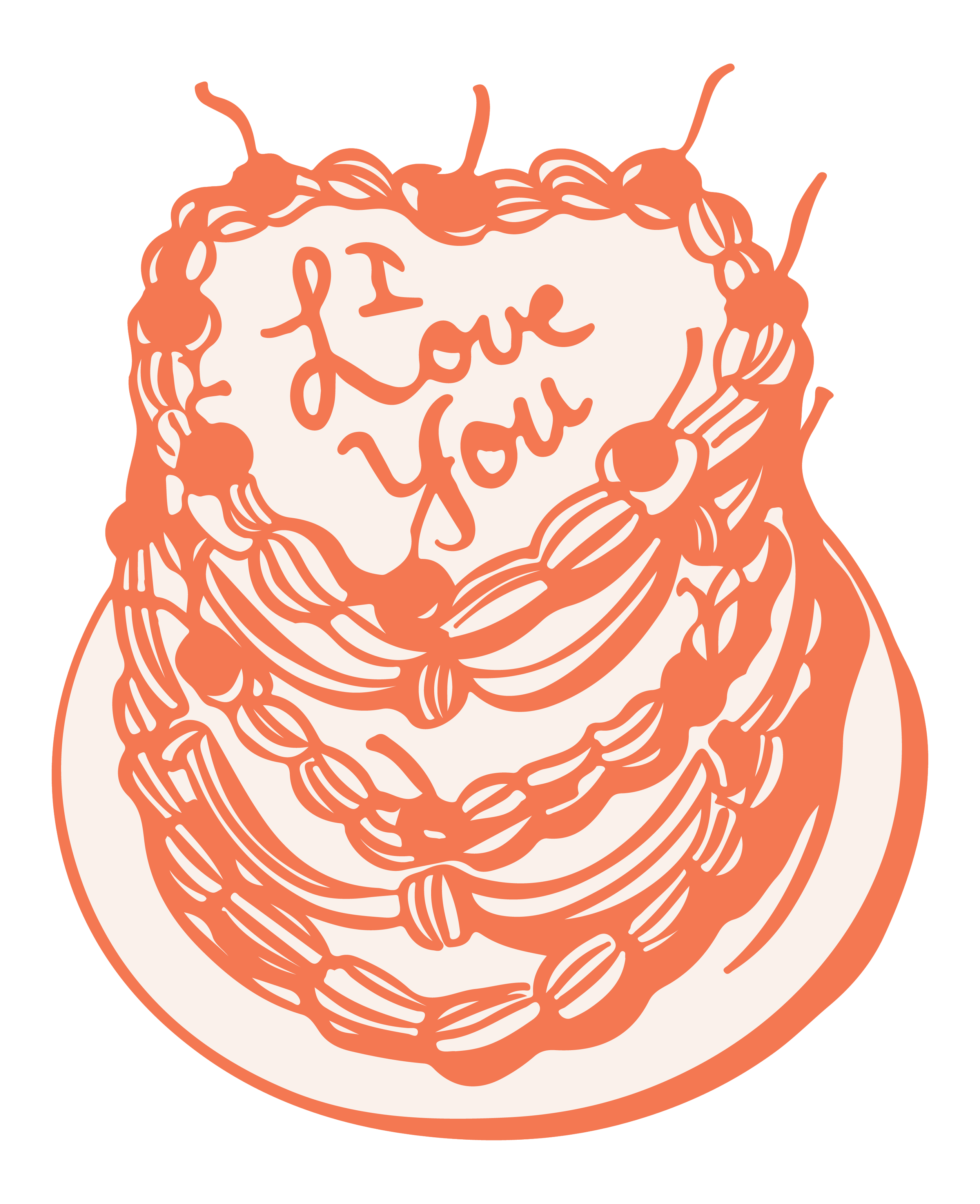 Illustration of a pie with the words 'I love you' written in the filling, surrounded by a decorative crust.