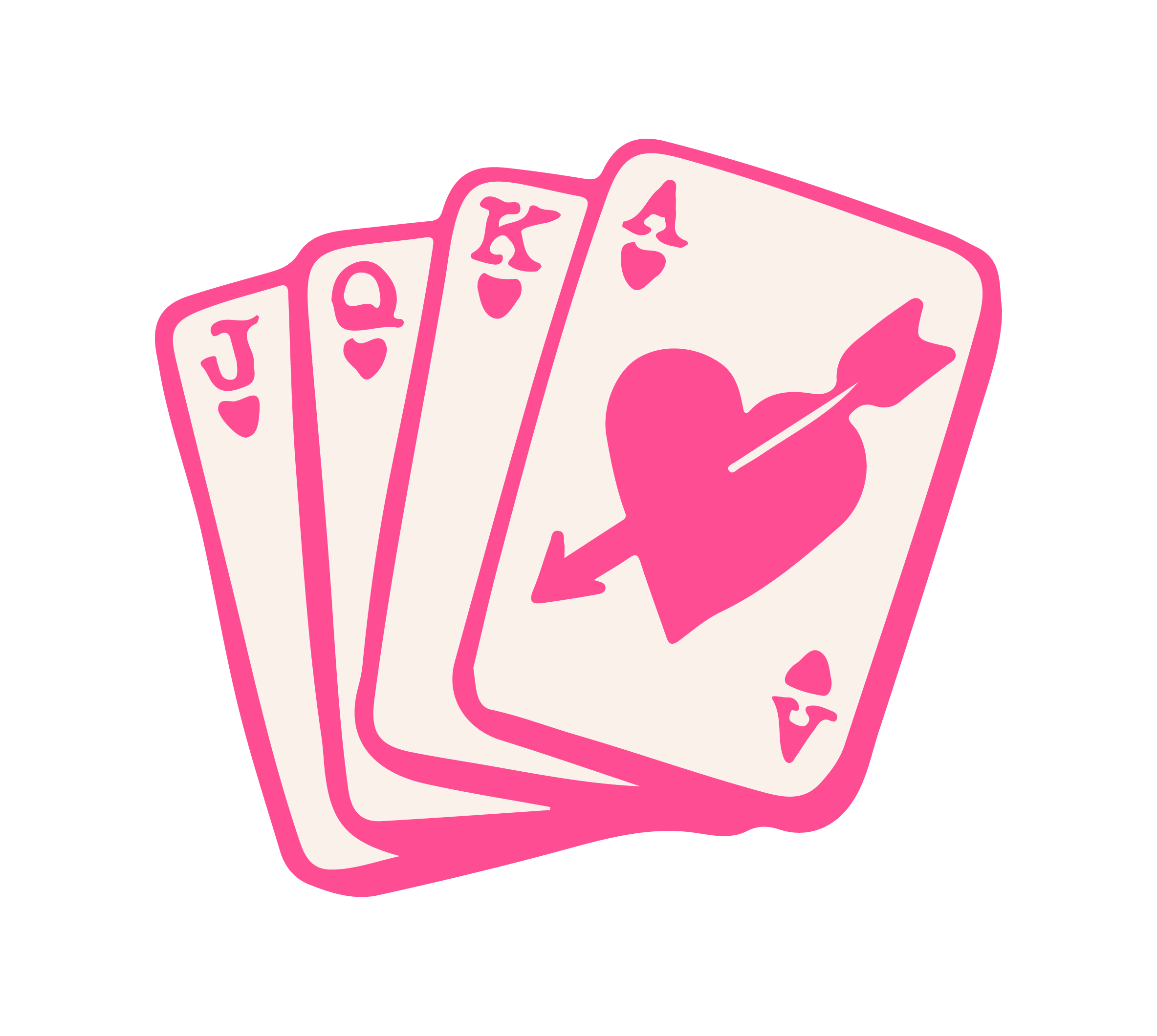 Illustration of a stack of playing cards featuring a pink heart suit and the Ace of hearts.
