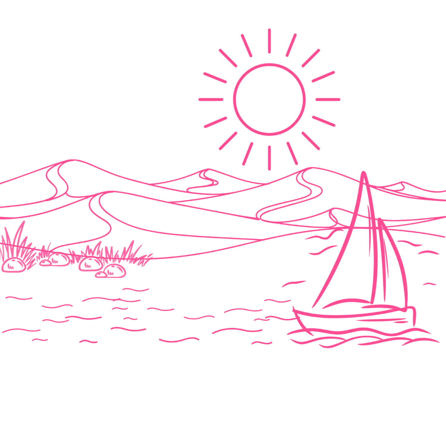 Neon pink line drawing of a scenic landscape with a bright sun, mountains, a sailboat on water, and a small island with grass and rocks.