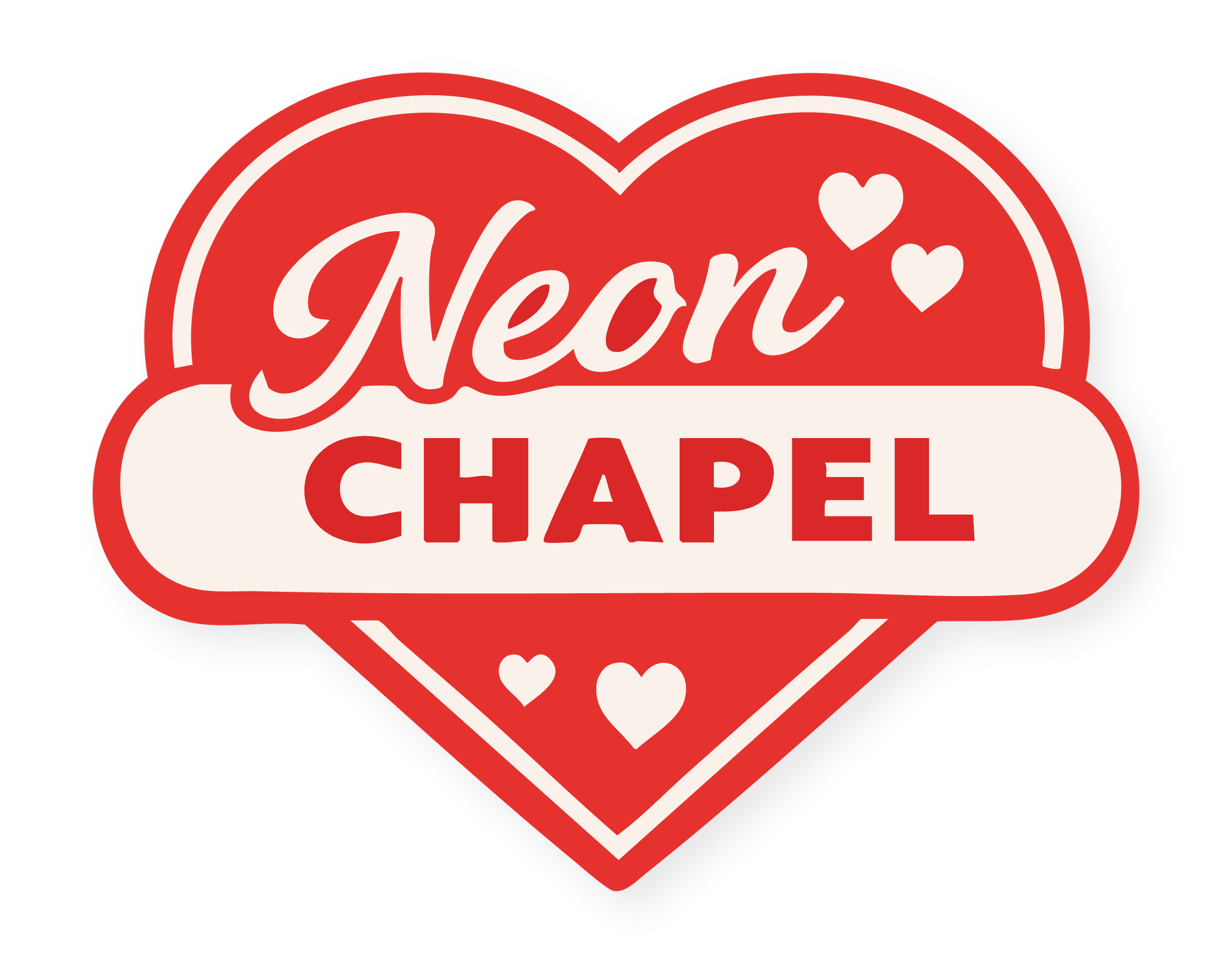 A red and white graphic design of a heart-shaped emblem with the word 'Neon' in cursive font, the word 'CHAPEL' in bold capital letters, and small hearts.
