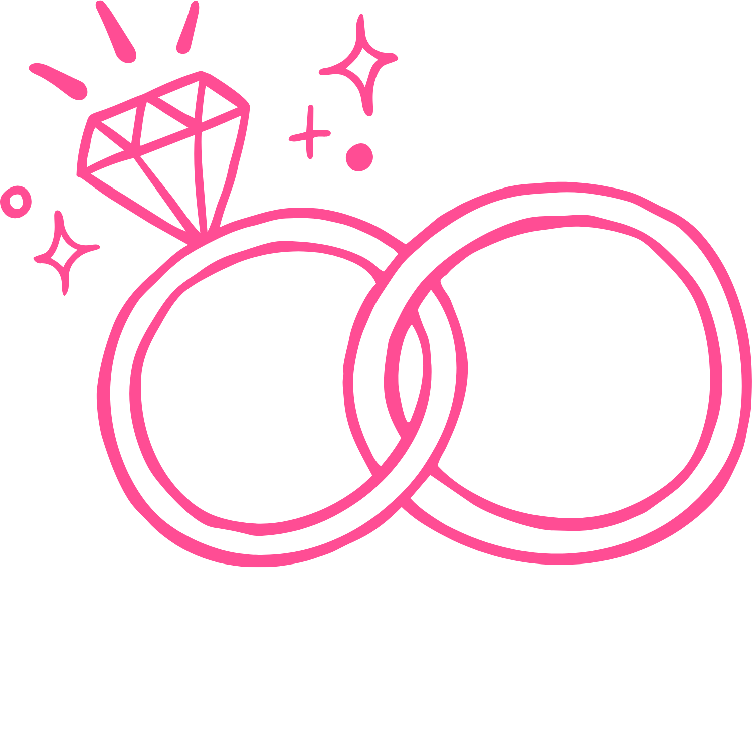 Pink line drawing of two wedding rings, one with a diamond, with sparkles and plus signs around them.