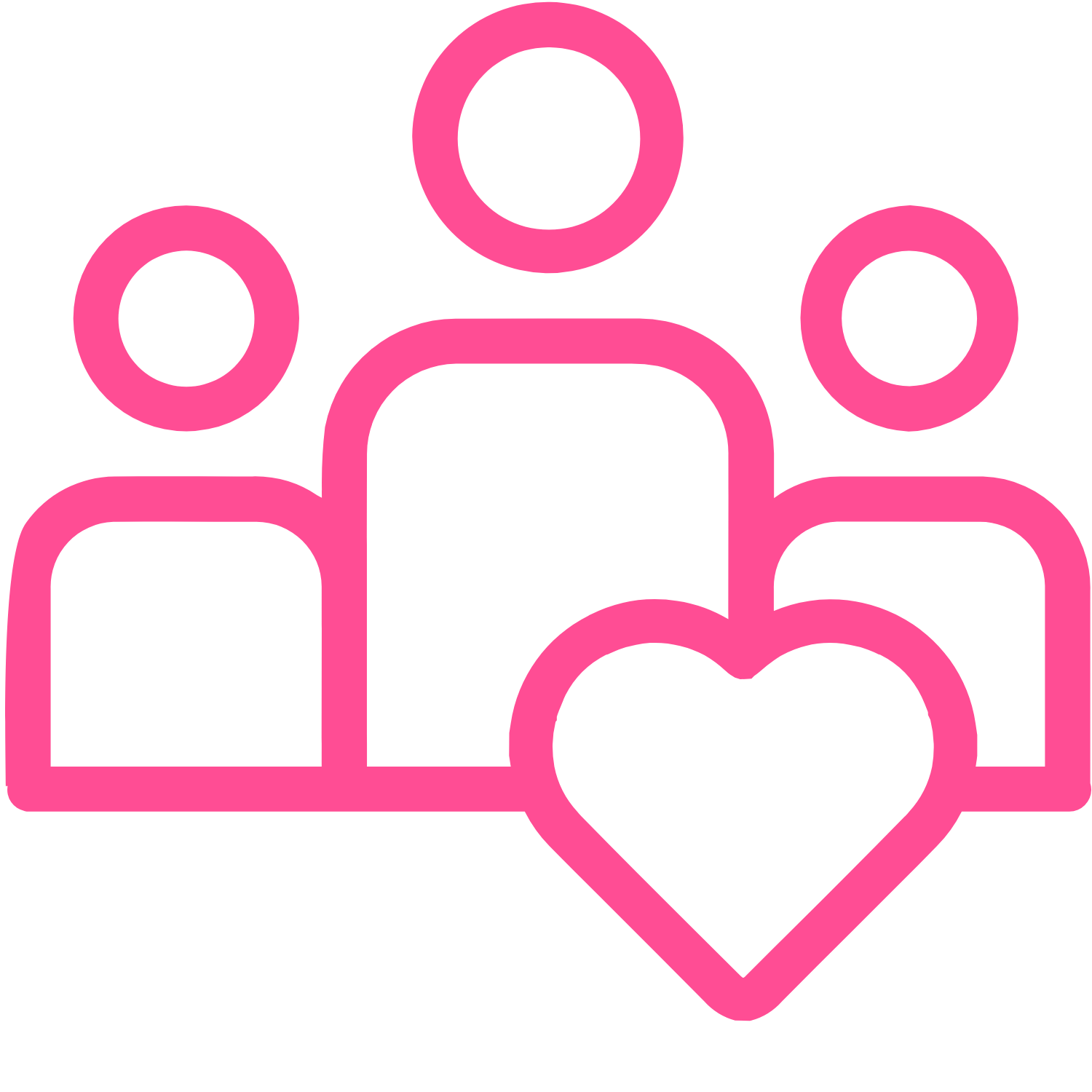 Pink outline graphic of three people and a heart.