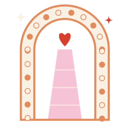 Pink staircase with a red heart at the top, enclosed by a decorated arch with stars on a black background.