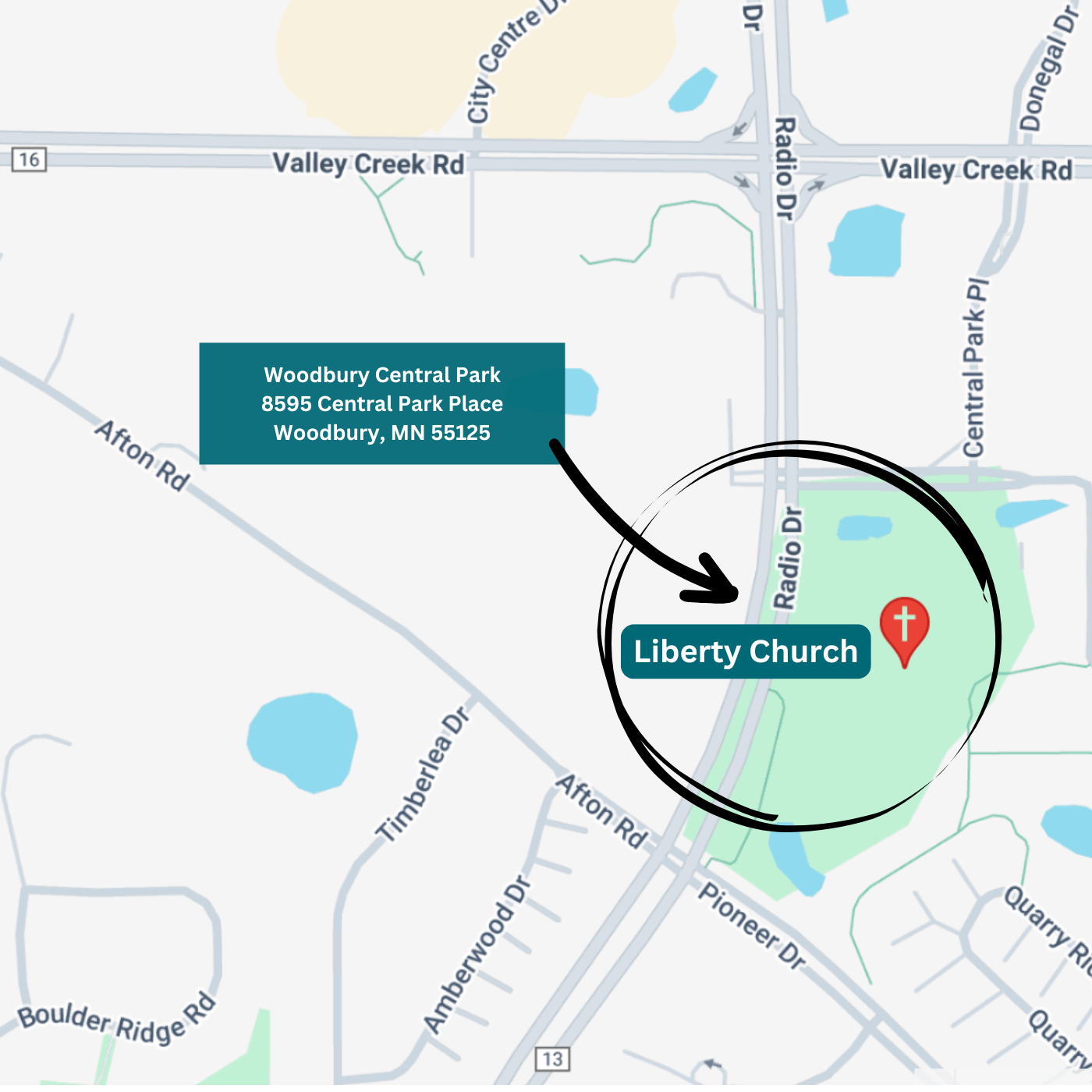 Map showing Liberty Church located at 8595 Central Park Place in Woodbury, MN, with a black circle and arrow pointing to its location on Radio Drive near the intersection with Valley Creek Road.