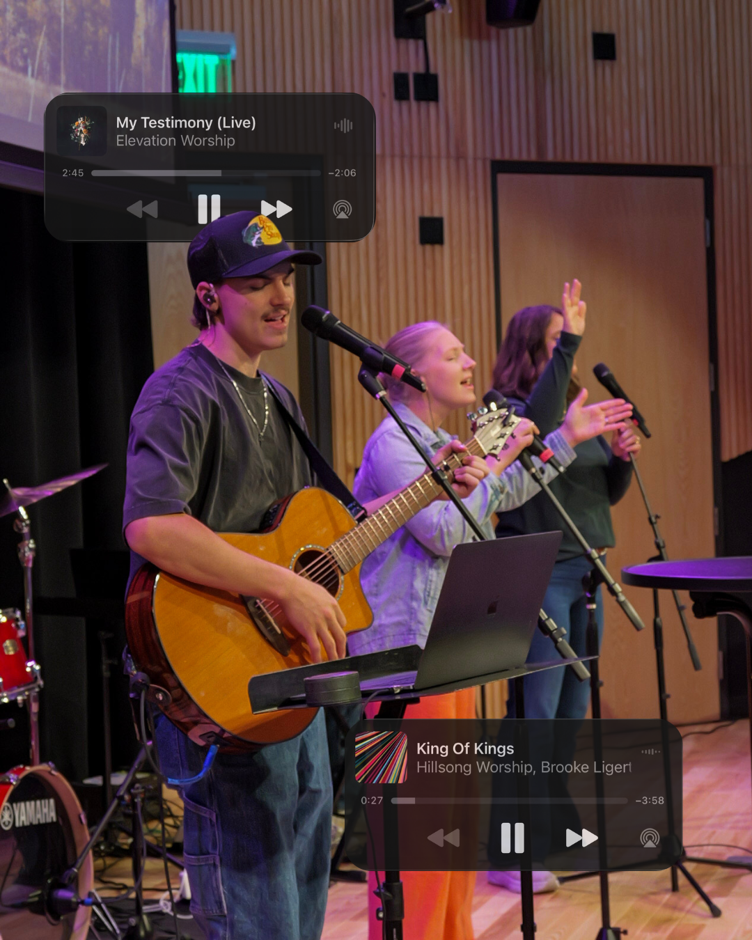 Three musicians singing and playing guitar at an engaging worship and spirit filled church in Woodbury Minnesota.