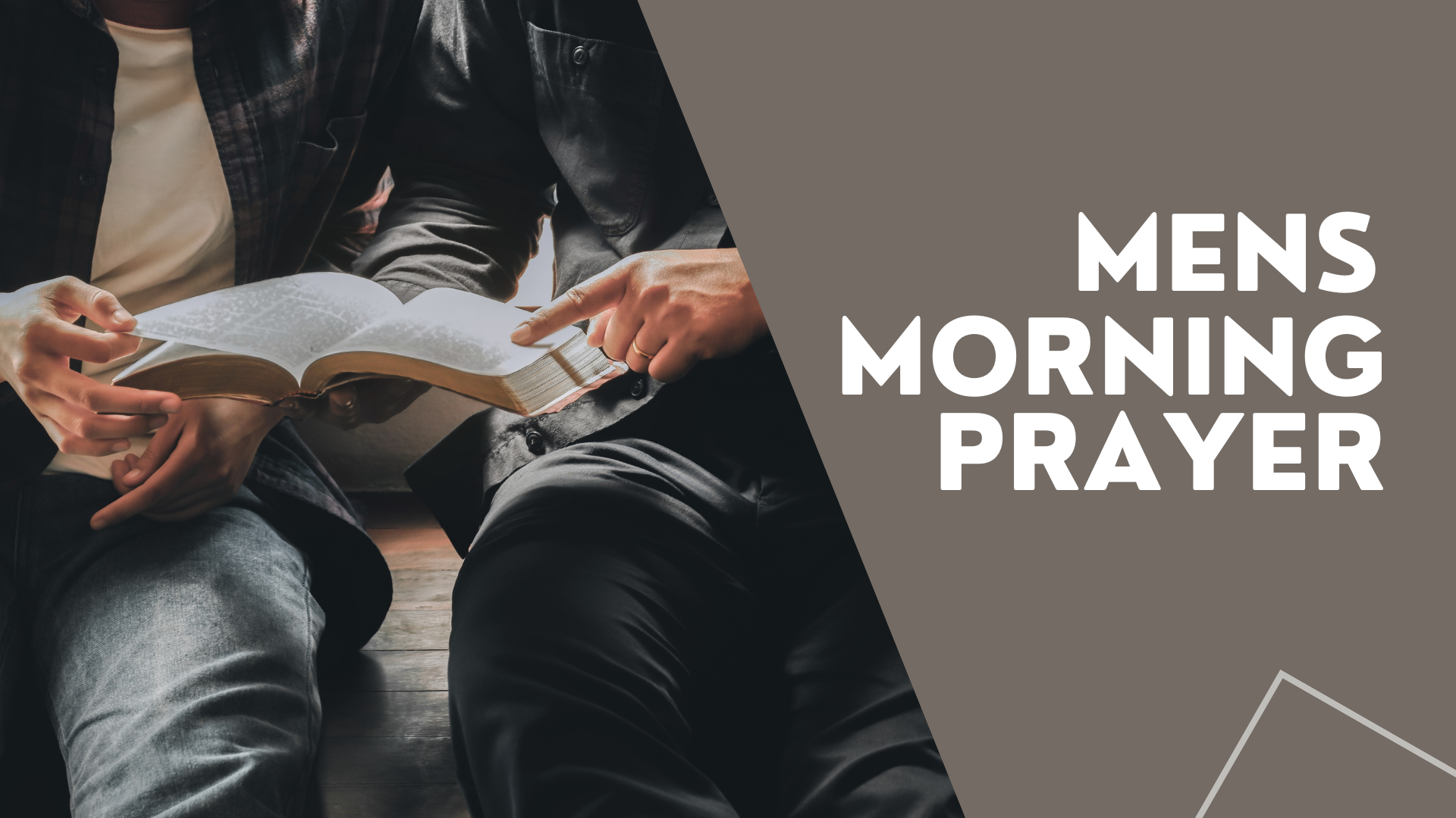 Two men sitting and reading a Bible together, one pointing at the text, with overlay text that reads 'Men's Morning Prayer.'