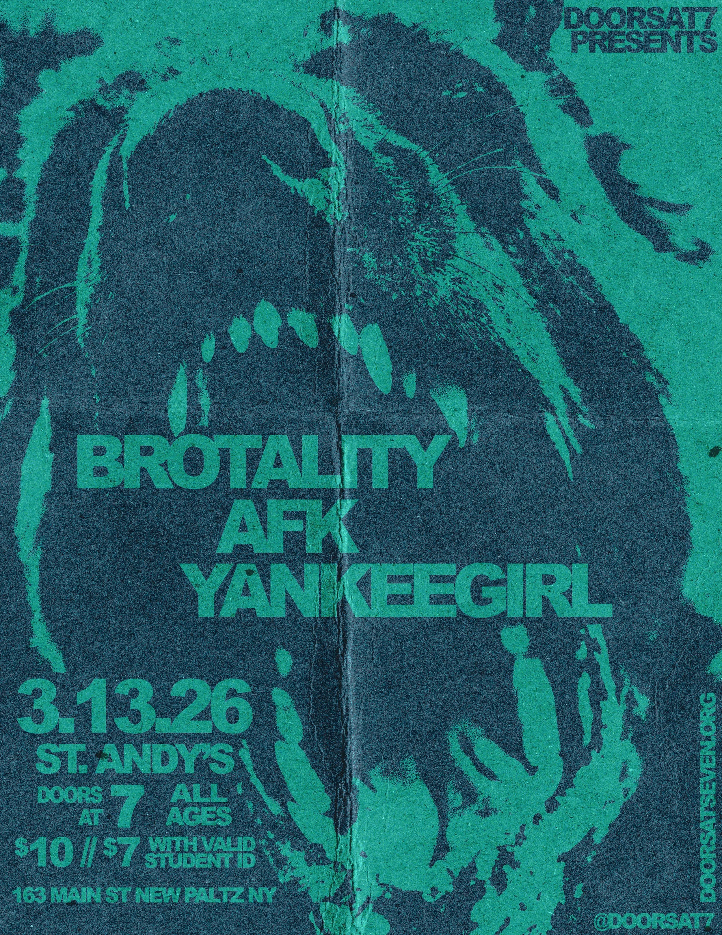 Concert flyer design for Doorsat7 featuring a close-up duotone photograph of a dog with band names overlaid inside the dog's open mouth, using a teal and navy color scheme with distressed texture promoting a March 2026 show in New Paltz NY.