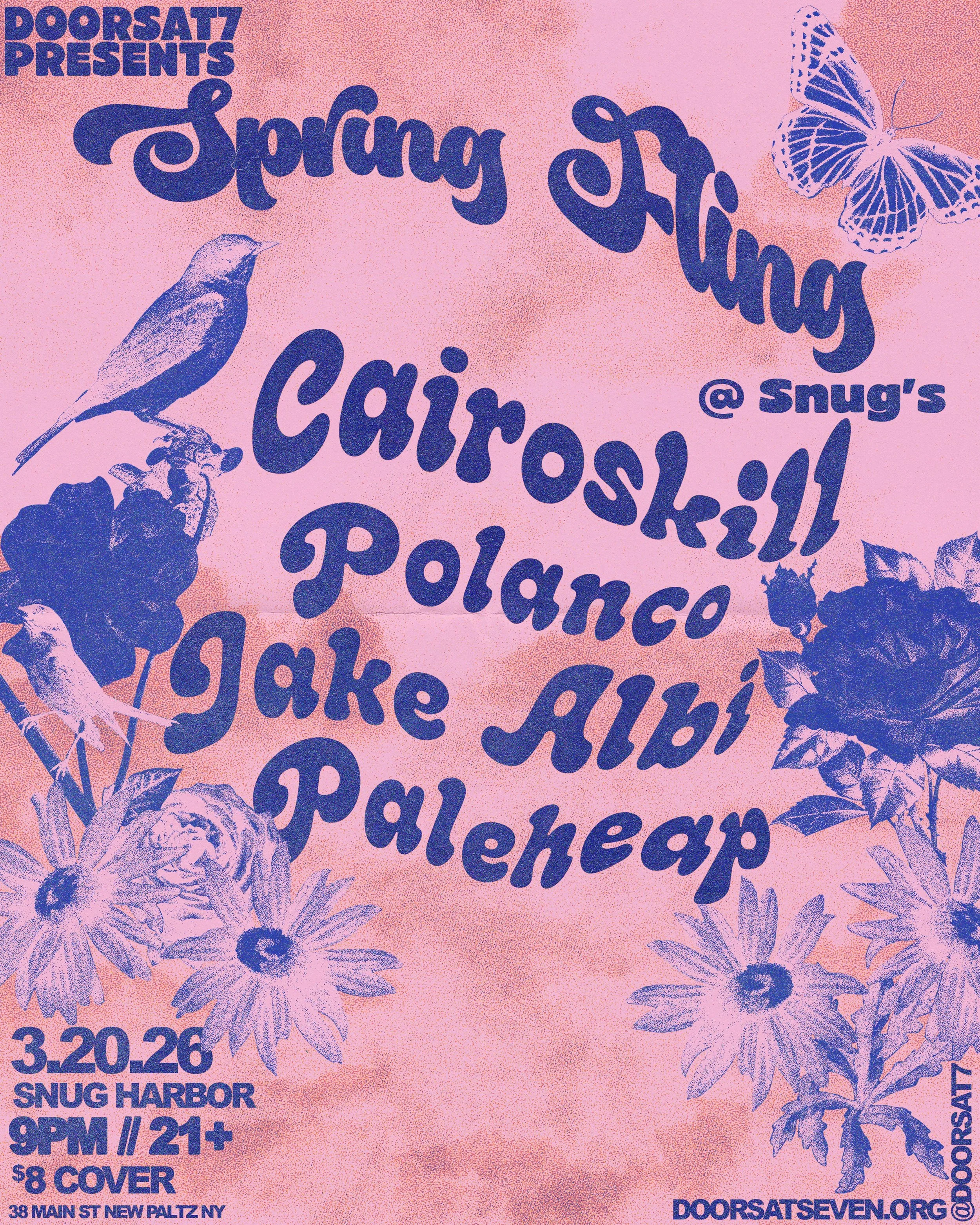 Spring Fling event flyer design for Doorsat7 with retro groovy typography, pink and blue duotone botanical illustrations of flowers, birds, and butterflies promoting a March 2026 show in New Paltz NY.