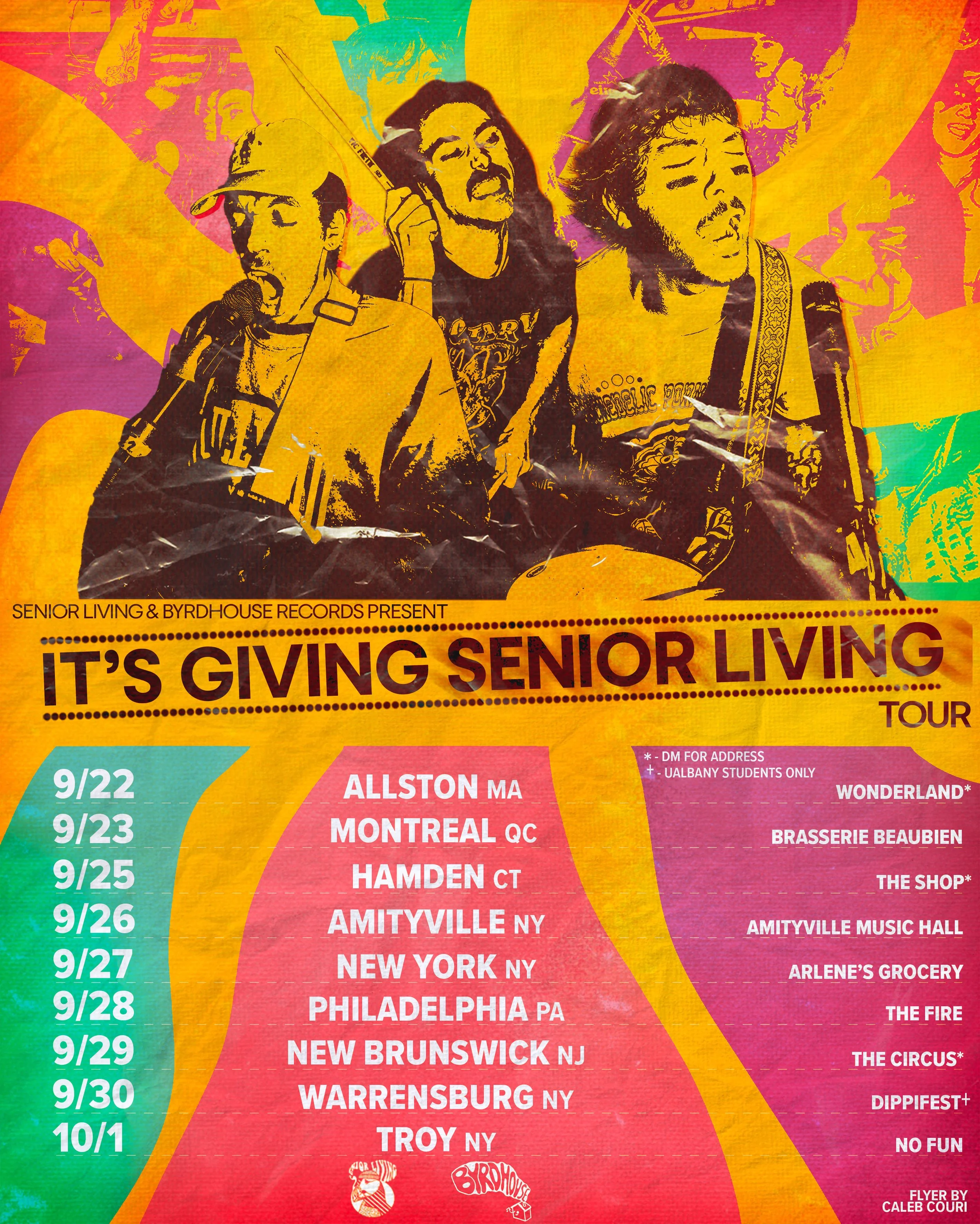Tour poster design featuring a psychedelic duotone band photo collage over radiating yellow, pink, and teal shapes for Senior Living's northeastern US and Canada tour.