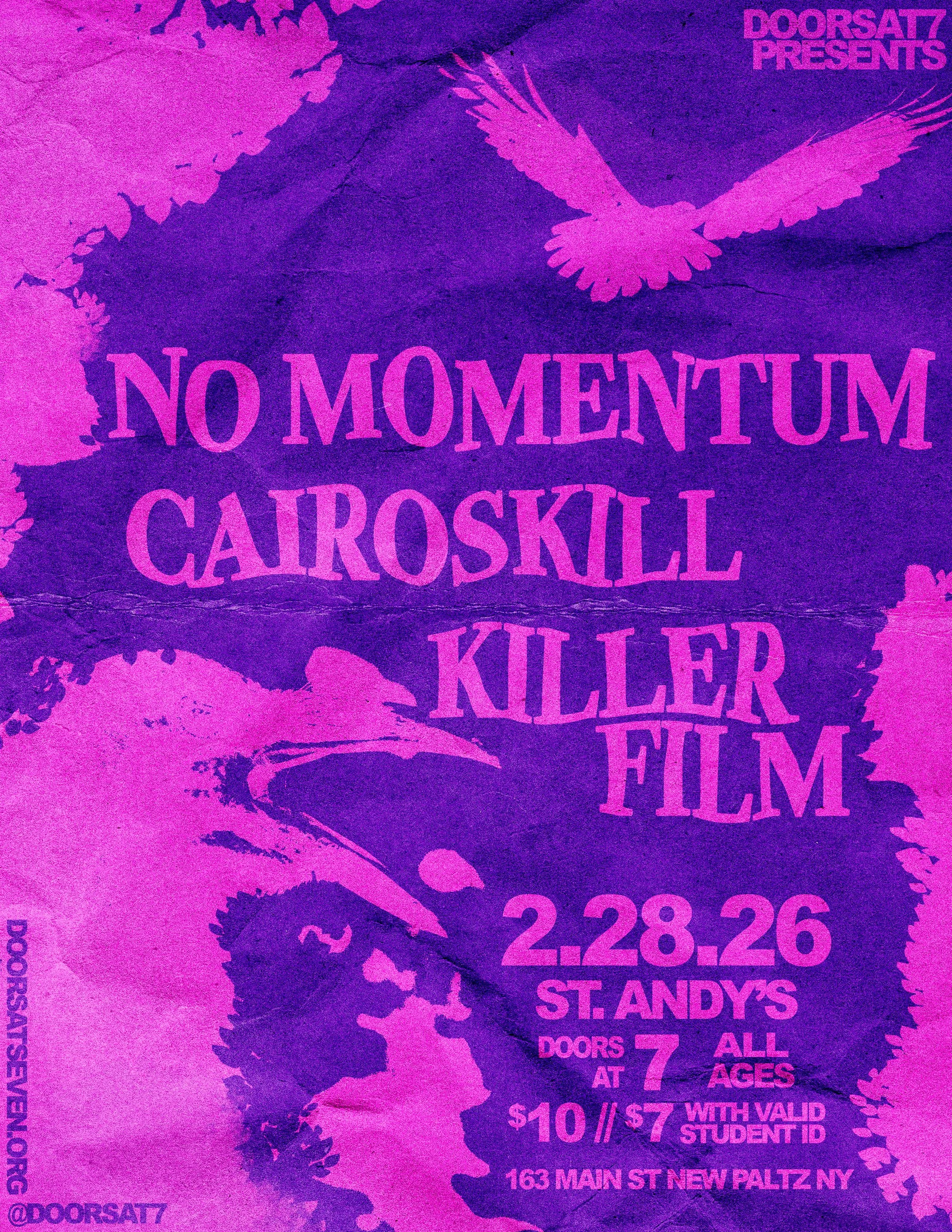 Event flyer design for Doorsat7 featuring bold pink typography on a purple watercolor ink wash background with silhouetted birds, promoting a February 2026 show in New Paltz NY.