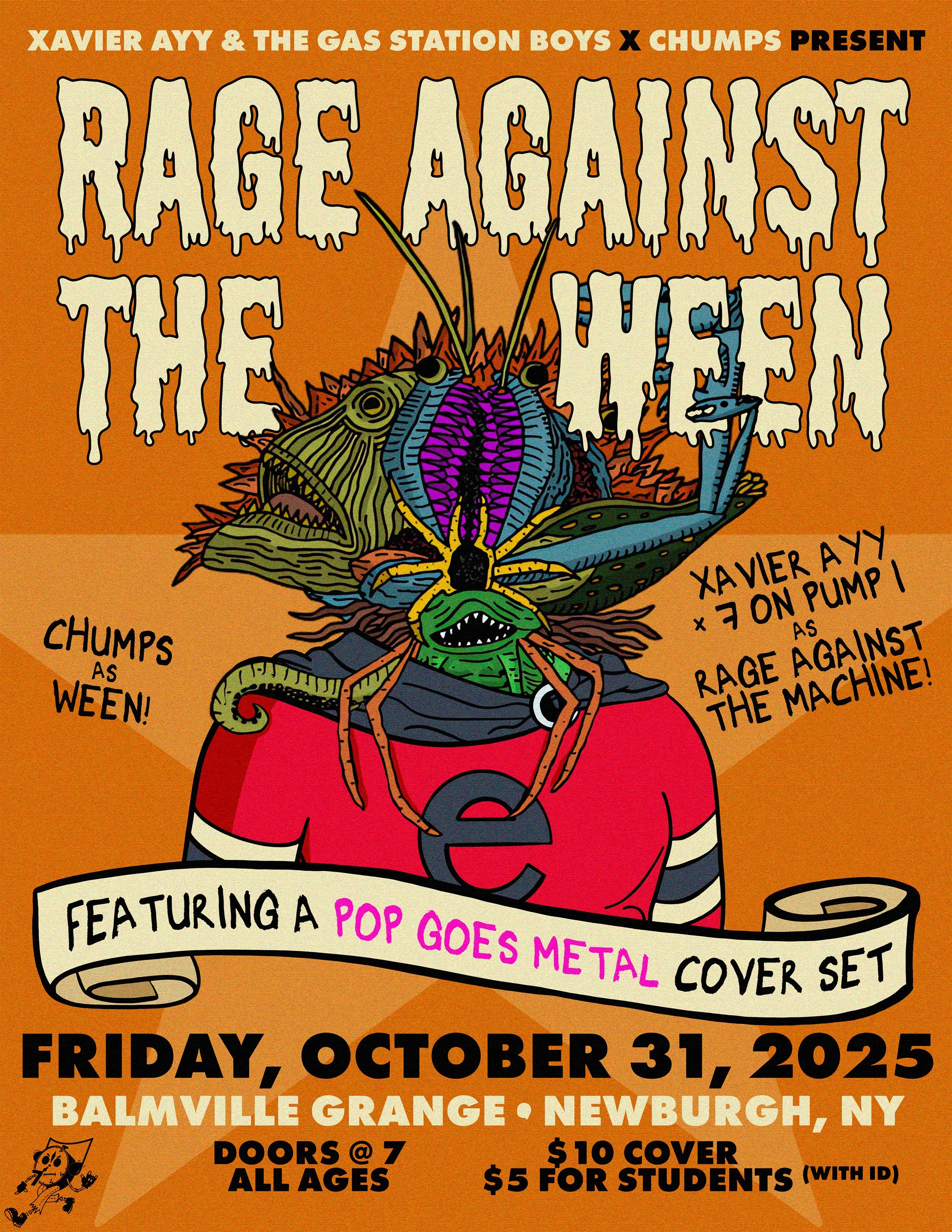 Halloween concert poster design combining iconic Rage Against the Machine and Ween album artwork into a single surreal creature illustration over a warm orange sunburst background with dripping horror typography.