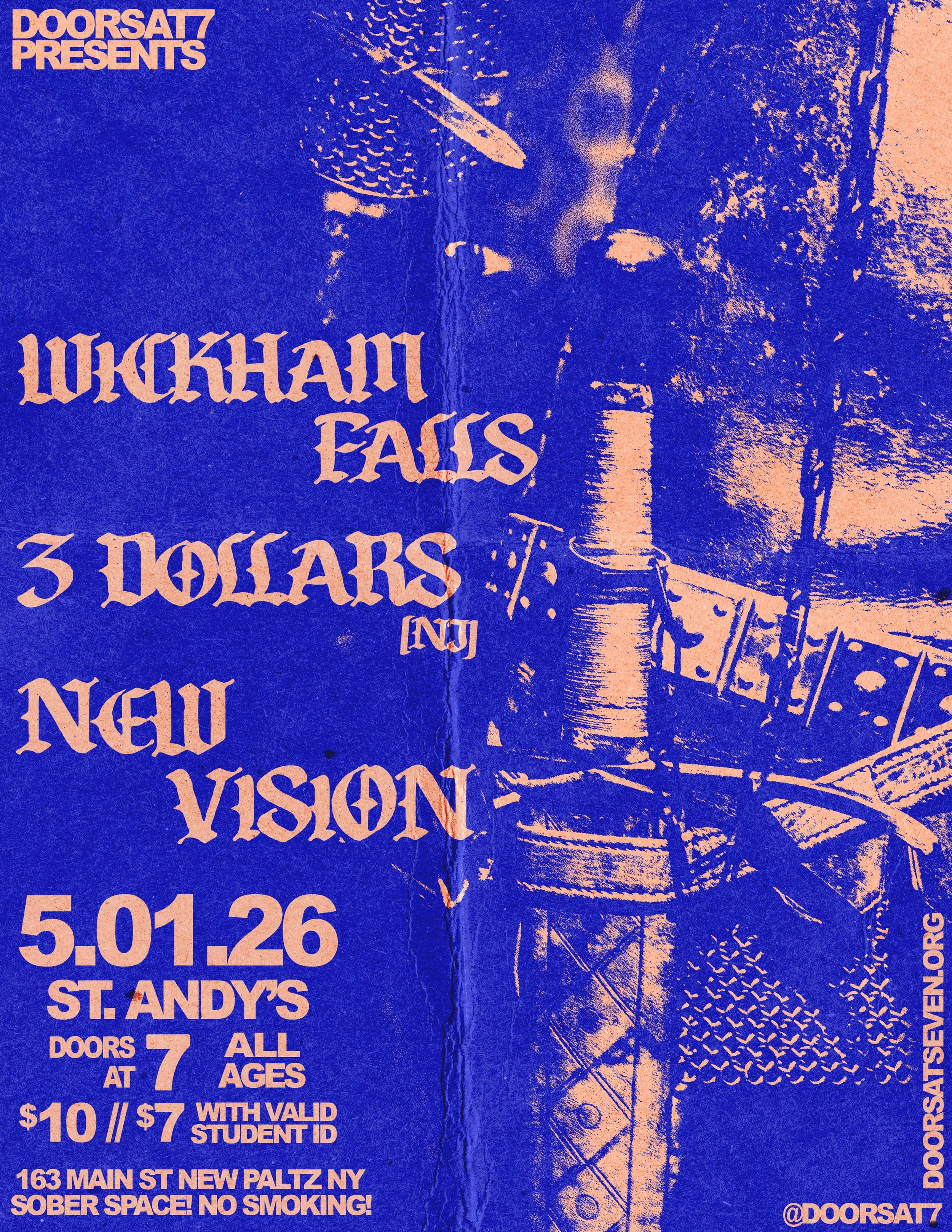 Concert flyer design for Doorsat7 featuring an electric blue and orange duotone treatment over a photograph of a knight in full armor standing at attention with a sword, with blackletter-style typography promoting a May 2026 show in New Paltz NY.