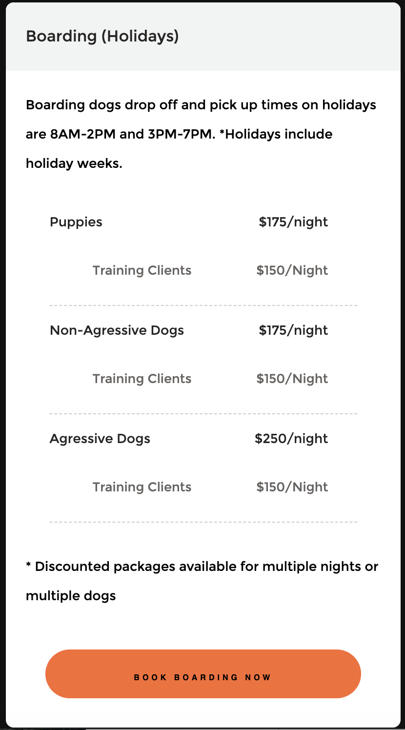 Sign with boarding hours and prices for dogs at a holiday boarding facility, including puppies, training clients, non-aggressive, and aggressive dogs, with a booking button at the bottom.