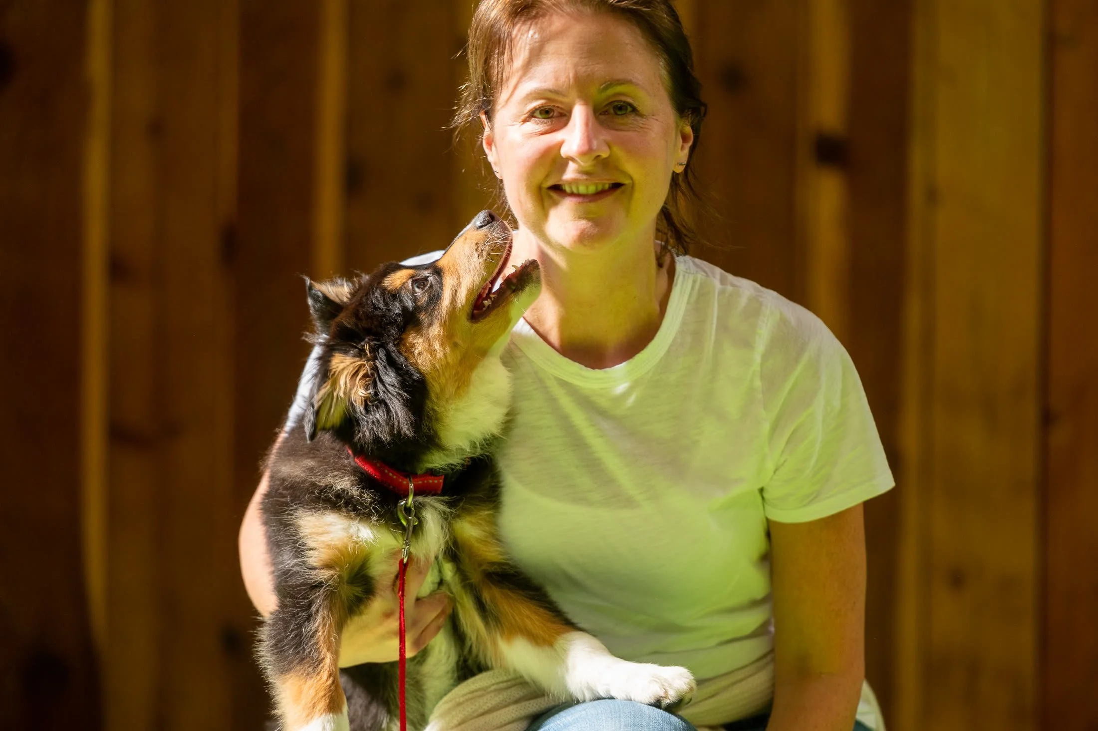 A client holding her Australian shepherd puppy against the wood wall at the San Francisco facility