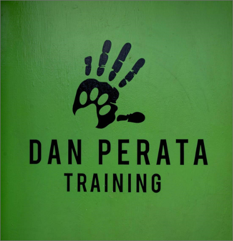 Black hand impression above the text 'DAN PERATA TRAINING' on a green wall.