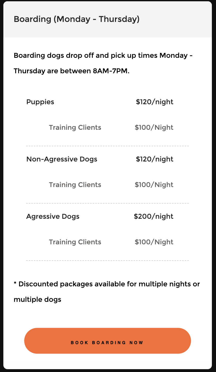 Sign listing dog boarding prices and policies from Monday to Thursday, including pet types, prices, and booking button.