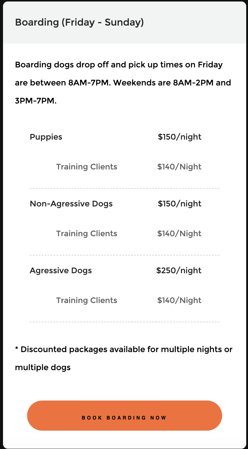 Information about dog boarding services, including drop-off and pick-up times, prices for puppies, training clients, non-aggressive, and aggressive dogs, with a booking button at the bottom.