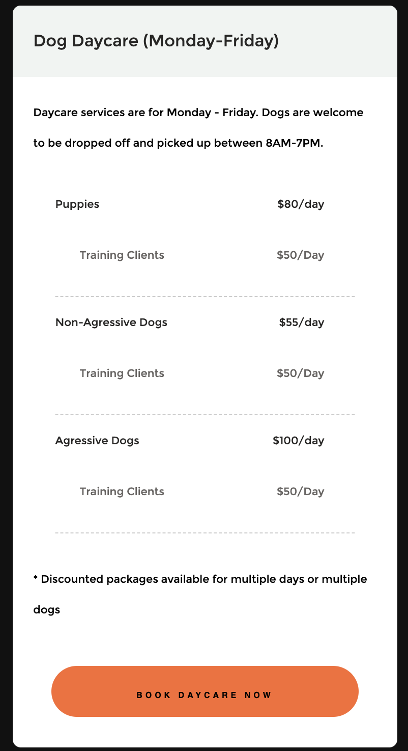 Dog daycare pricing and schedule information, offering services for puppies, non-aggressive dogs, and aggressive dogs, with different daily rates and training options, featuring a booking button at the bottom.